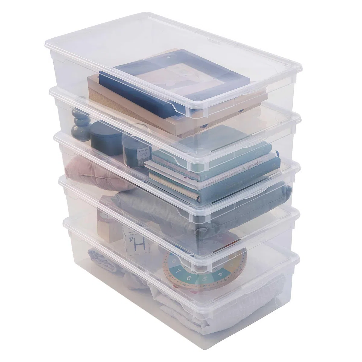 Sundis Clear Box, set di 5 scatole portaoggetti 30l, con coperchio, plastica trasparente, impilabile, multiuso, ideale per riporre giocattoli, vestiti e documenti