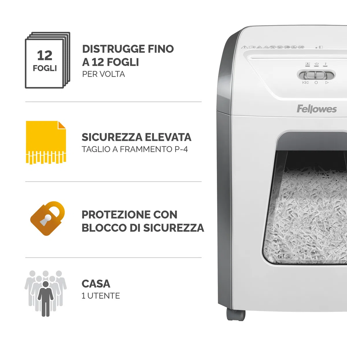 Fellowes Distruggi documenti a frammento FS-12C, 12 fogli, per casa e piccolo ufficio, uso personale, cestino da 19 litri, distruggidocumenti con blocco di sicurezza, bianco [ESCLUSIVA AMAZON]