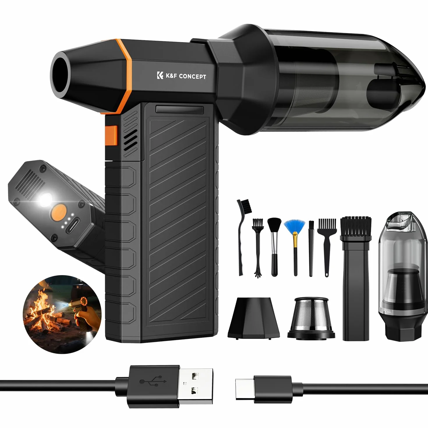 K&F CONCEPT BS500M 2 in 1 Soffiatore Aspiratore Elettrico 300000 RPM Magnetico, Aria Compressa Spolverino Air Duster | 2 Luci | Motore Brushless | Pulizia PC,Tastiere,Auto e Ambienti Esterni