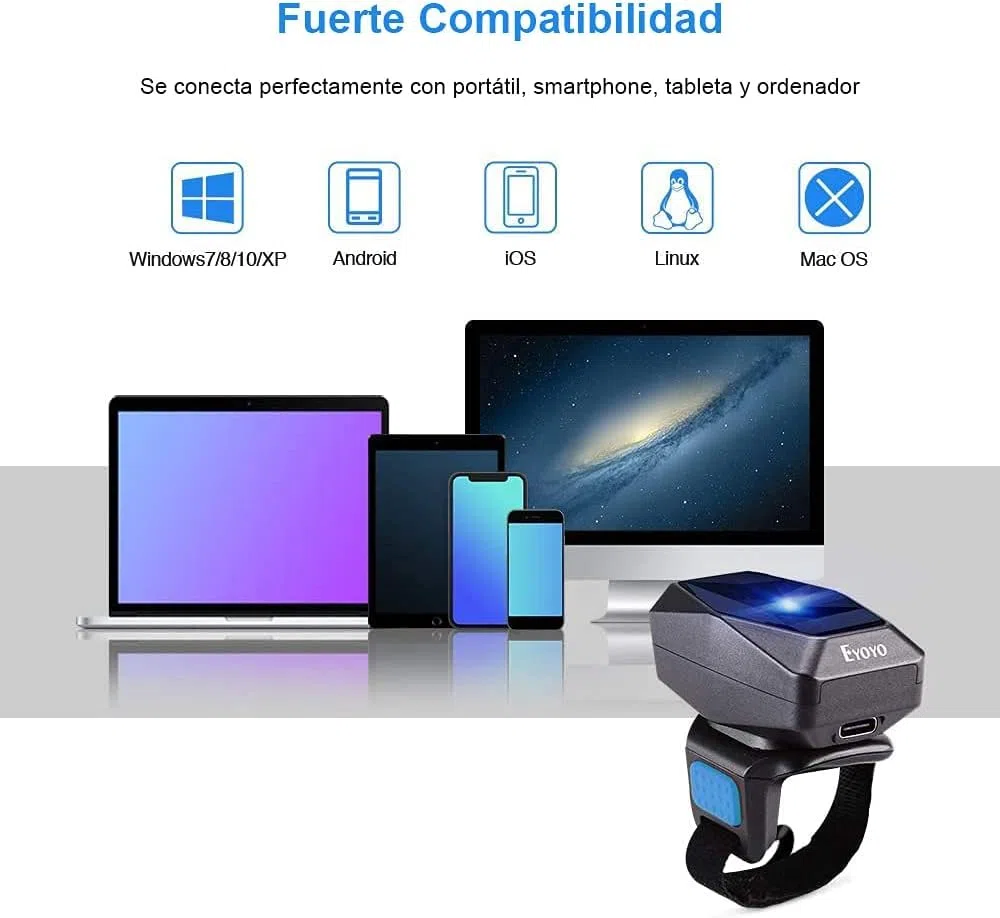 Eyoyo 1D Scanner di codici a barre Bluetooth, 2,4 G wireless, Mini lettore ad anello con cavo USB per iOS Android, per Magazzino Supermercato Libreria...