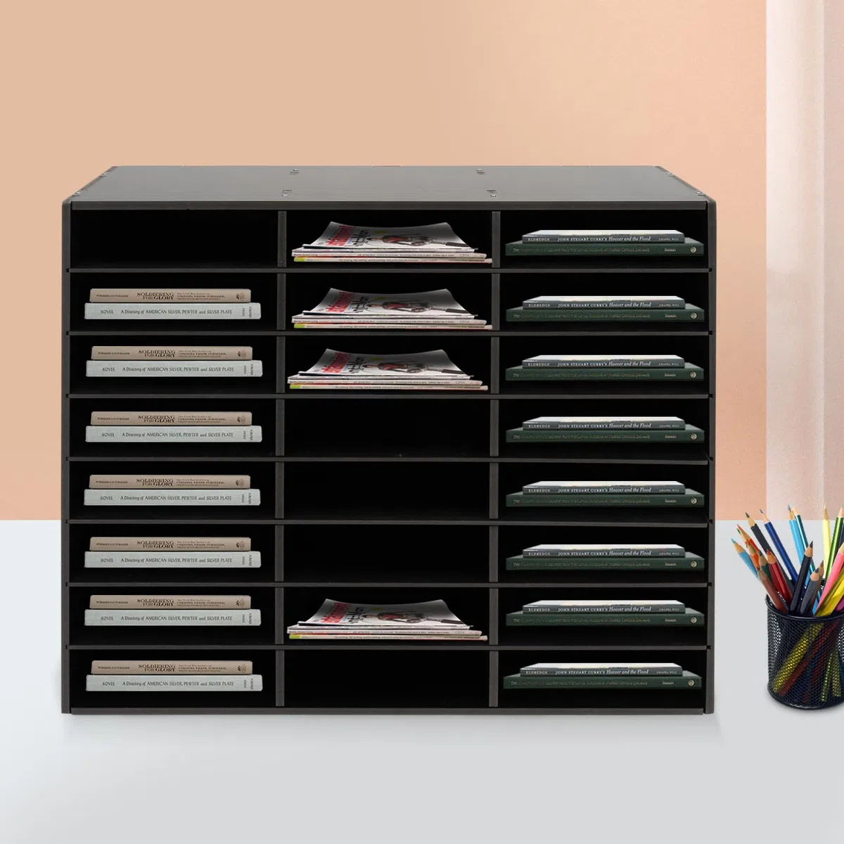 Organizer per documenti, bianco e nero, per archivio, ufficio, sistema di archiviazione in PVC, per raccoglitori, riviste in ufficio (nero, 73,7 x 30,2 x 59,6 cm)