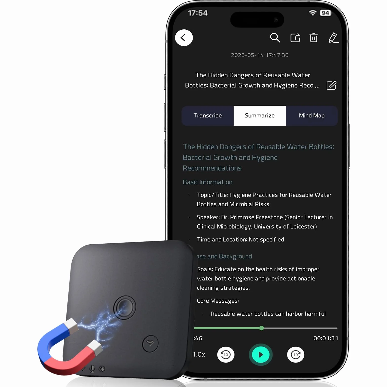 Registratore Vocale AI 64GB – Trascrizione e Riassumi Automatica con ChatGPT-4o, Supporta 102 Lingue, Controllo Tramite App, Registratore Audio Ideale per Chiamate, Riunioni e Colloqui