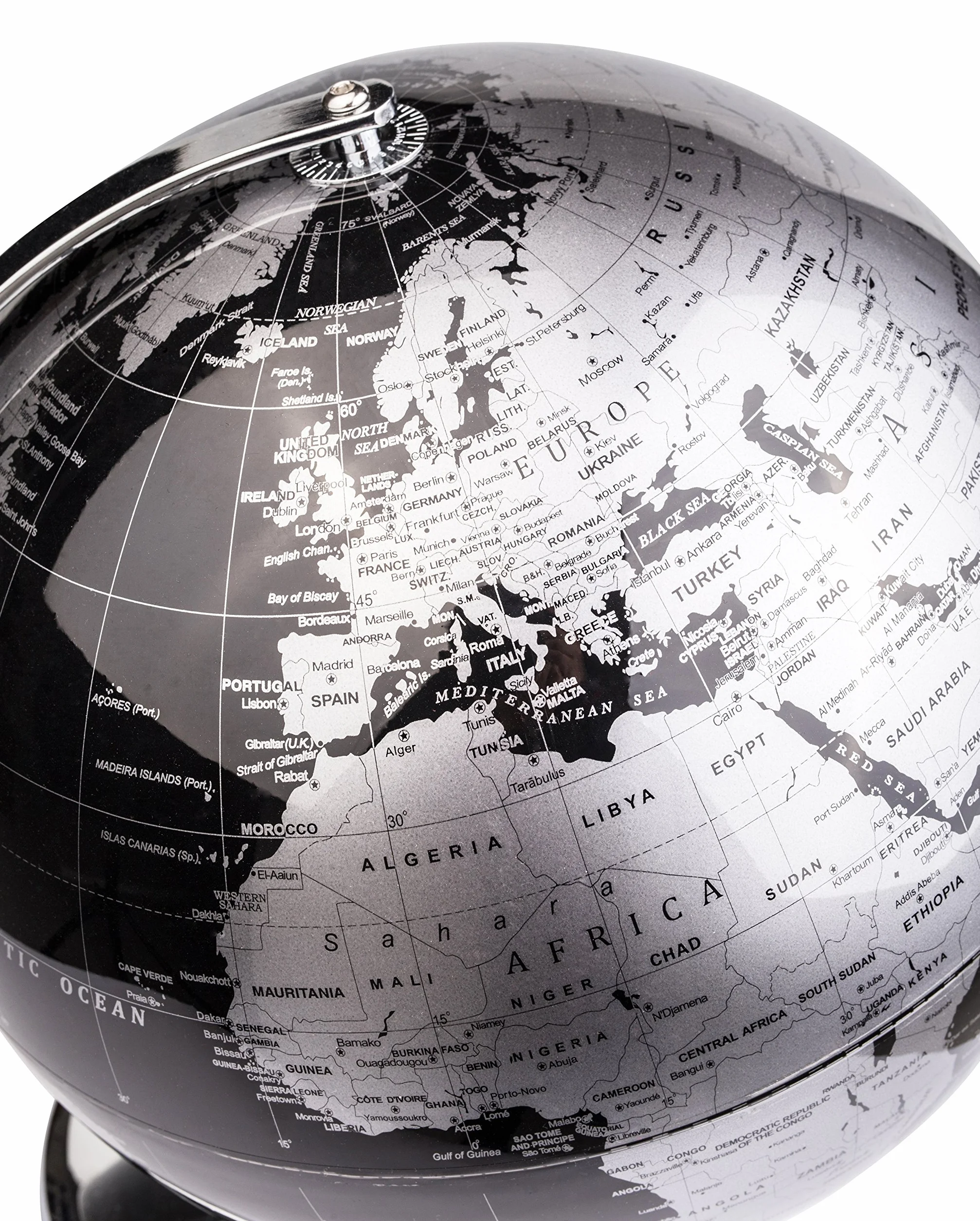 Exerz 30cm Mappamondo - Mappa Inglese - Con Base In Metallo Globo Della Scuola Decorazione/Educazione/Geografica/Moderna - Diametro 30cm Nero Metallizzato