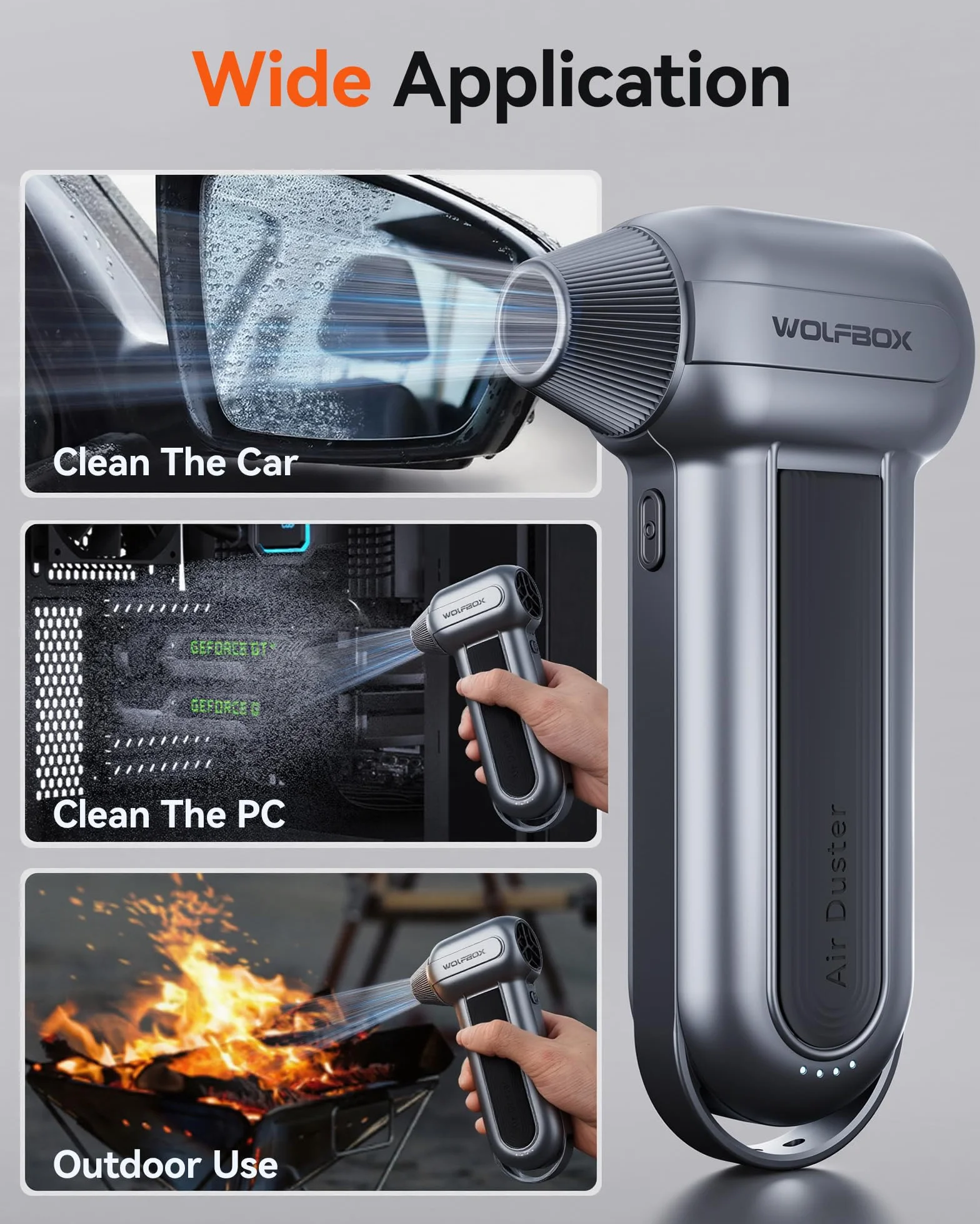 WOLFBOX MF100 Soffiatore d'Aria Elettrico - 150000 RPM, Senza Fili, Motore Brushless Ricaricabile, 3 Marce Regolabili per Computer, Tastiera, Casa e Auto