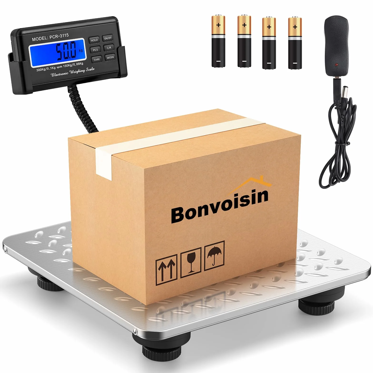 Bonvoisin Bilancia Postale Digitale 300kg/660lb, Display LCD Esterno, Piatto Acciaio Inox, Doppia Portata Precisione 300kg/0,1kg & 150kg/0,05kg, Commutabile kg/oz/lb/lb:oz, Funzione Conteggio