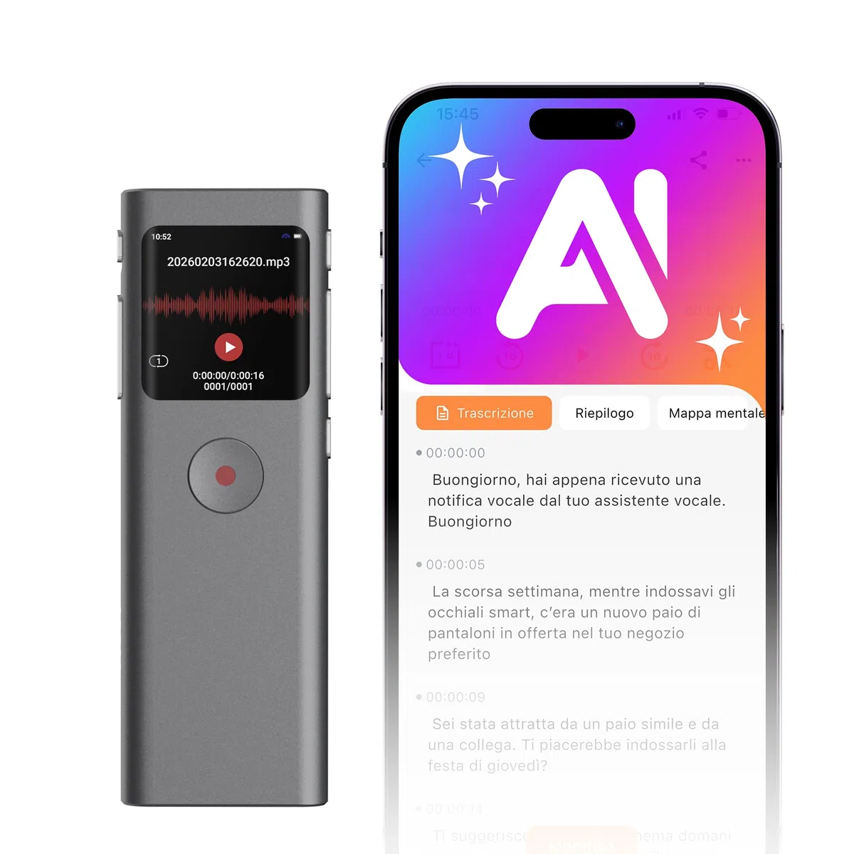Registratore Vocale AI, 64GB Registratore Digitale Trascrizione e Riassunto Automatico, Supporta 90+ Lingue, Controllo App, Cloud illimitato, con Attivazione Vocale per Riunioni/Lezioni