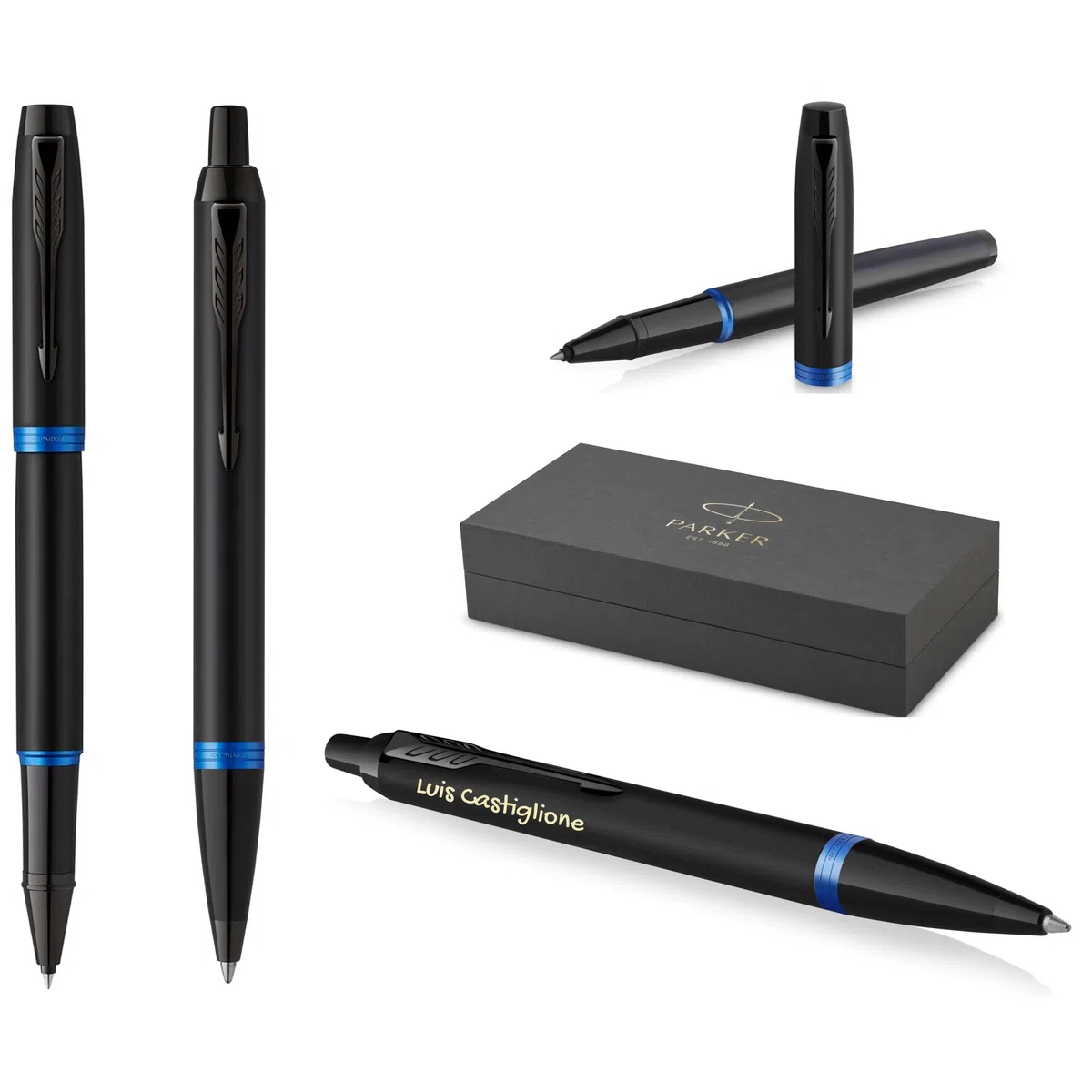 PARKER IM Professionals Vibrant Rings Set penna roller e penna a sfera con incisione, penna premium | confezione regalo | nome | inciso | anniversario | compleanno (blu PVD)