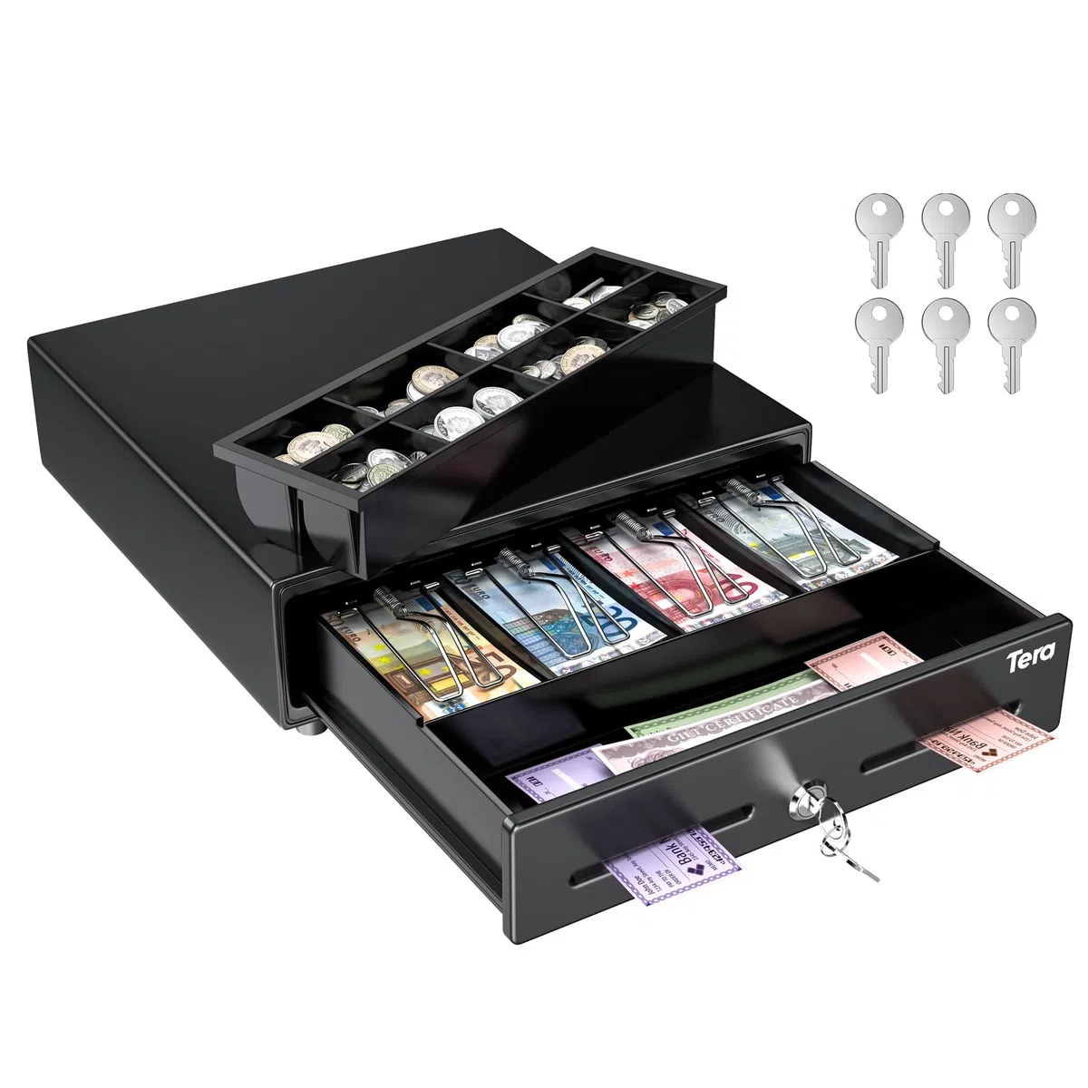 Tera 13" Cassetto Portadenaro 33,5 x 33 x 10,4 cm Apertura Automatica 4 Banconote 8 Monete Vassoio Portamonete Estraibile 6 Chiavi Interfaccia RJ12 12V Slot Media per POS Negozi 330G