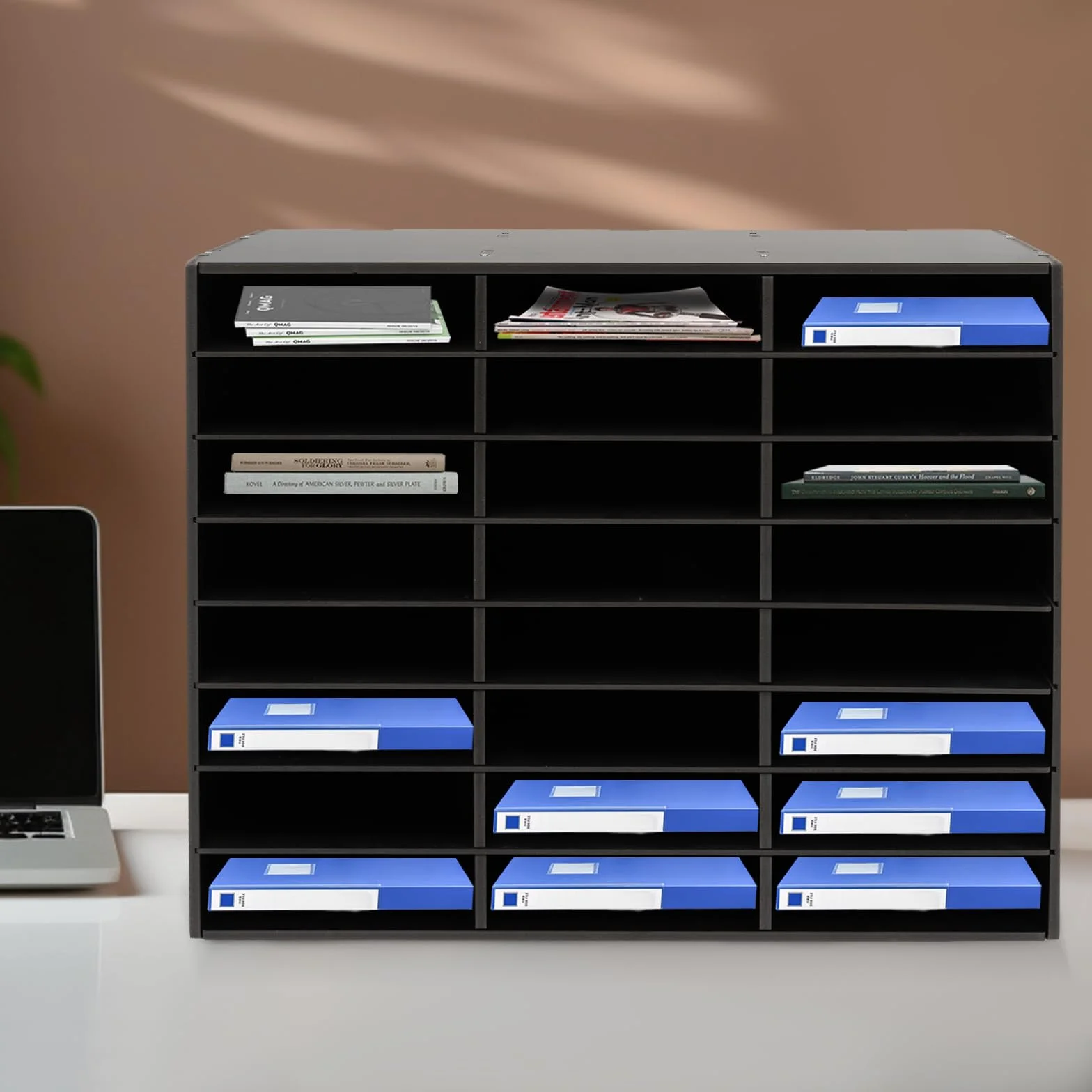 Organizer per documenti, bianco e nero, per archivio, ufficio, sistema di archiviazione in PVC, per raccoglitori, riviste in ufficio (nero, 73,7 x 30,2 x 59,6 cm)