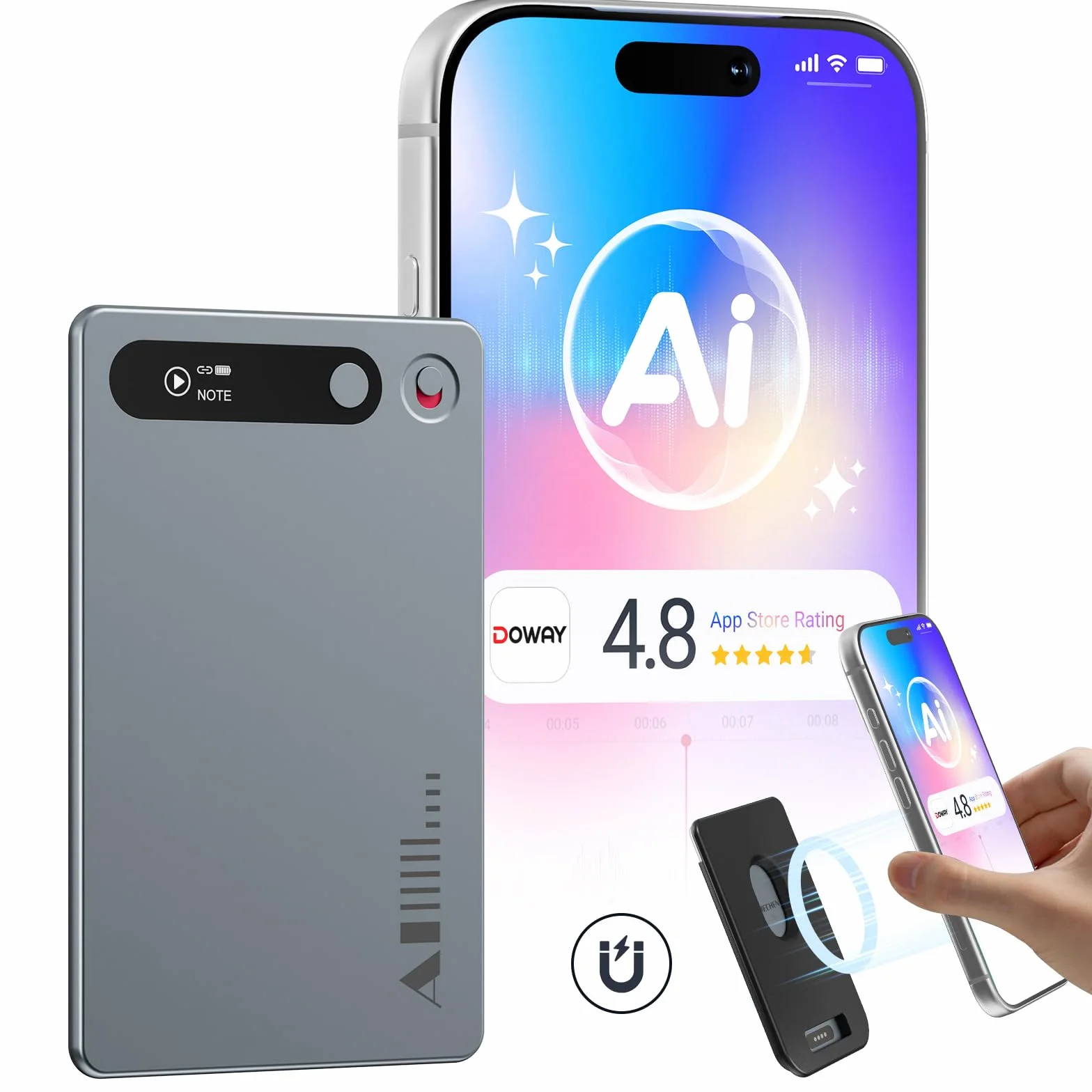 MECHEN Registratore Vocale IA 64GB, Trascrizione e Traduzione in 81 Lingue, Registrazione Magnetica di Chiamate, 30+ Modelli di Riassunto e Mappe Mentali, Bluetooth 5.3 (V05-B)