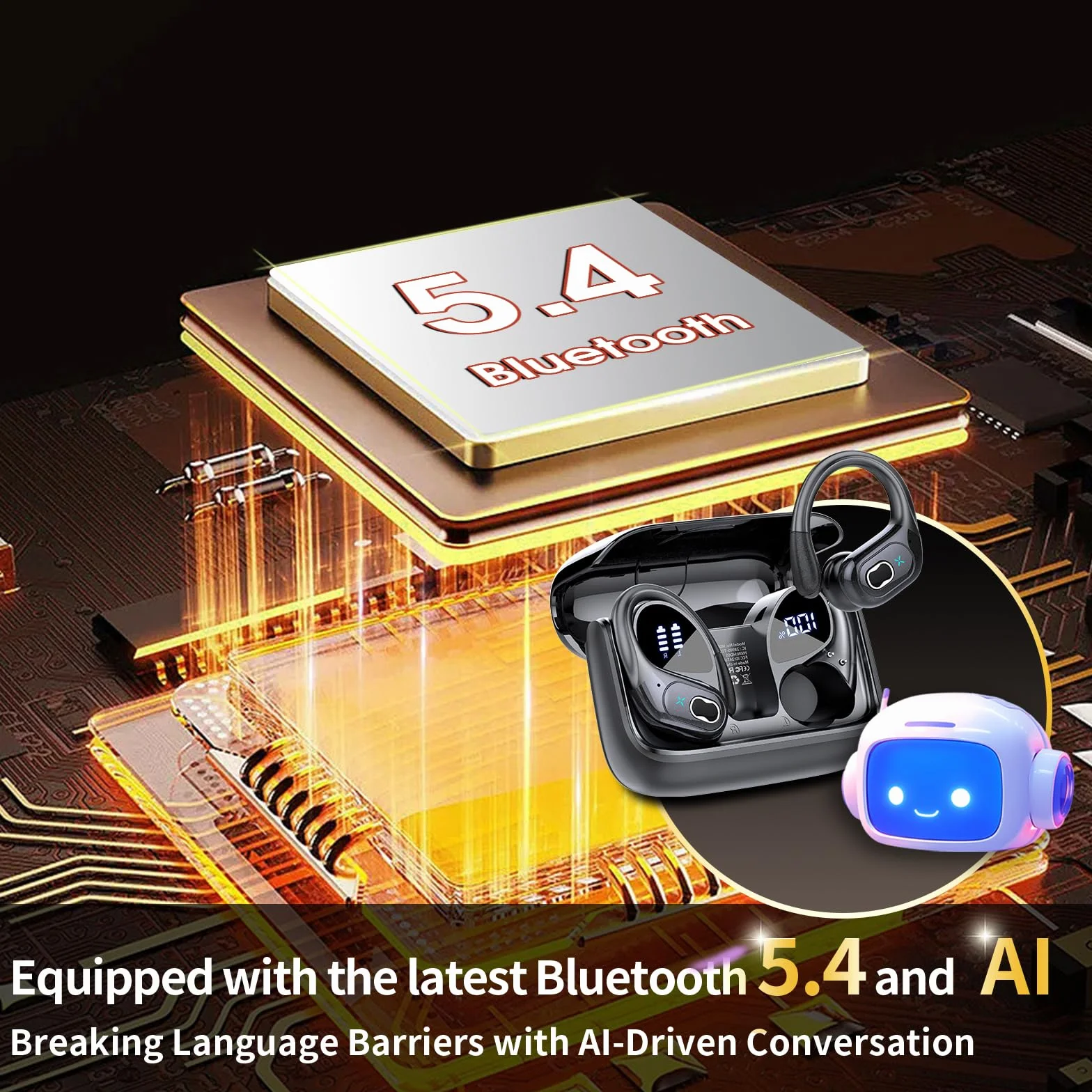 Cuffie Traduzione AI, Bluetooth 5.4 Traduttore Simultaneo Vocale in 164 lingue, 75 Ore Auricolari Traduttori Istantanei con 6 modalità di traduzione, Auricolare Design Aggancio all'Orecchio, Nero