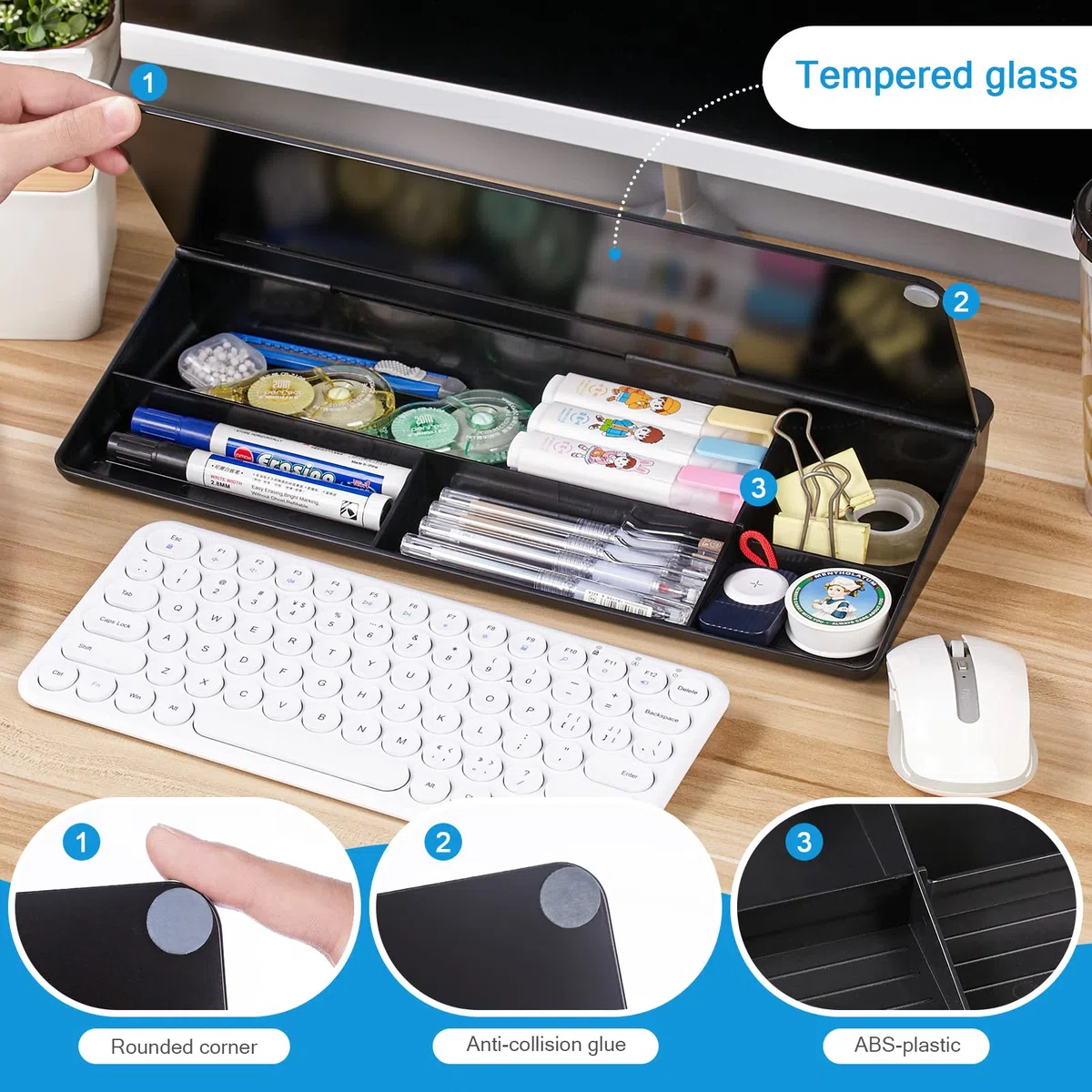 DEWUR Lavagna in Vetro Nero, Lavagna Bianca da Scrivania Con Supporto per Telefono, Tablet e Tastiera - Organizer da Scrivania Con Accessori per Ufficio e Casa