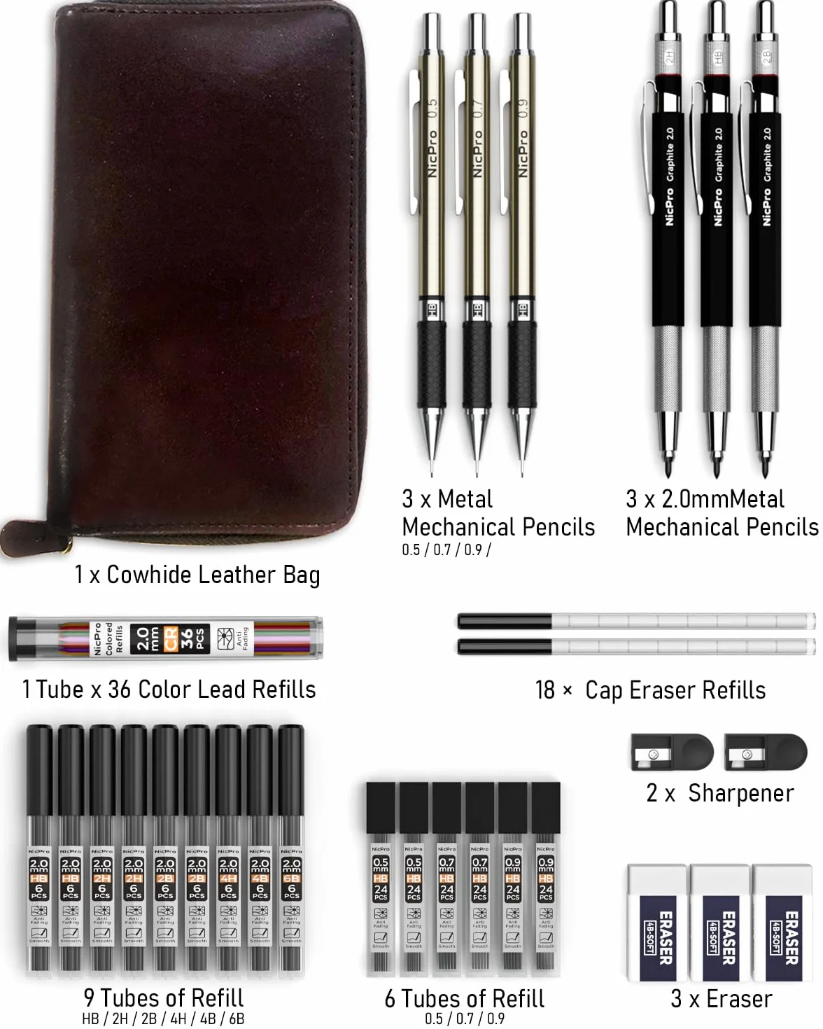 Nicpro 30 Pezzi Portamine Metallo Set con Custodia Pelle 0,5 0,7 0,9 2mm per Disegno Scrittura