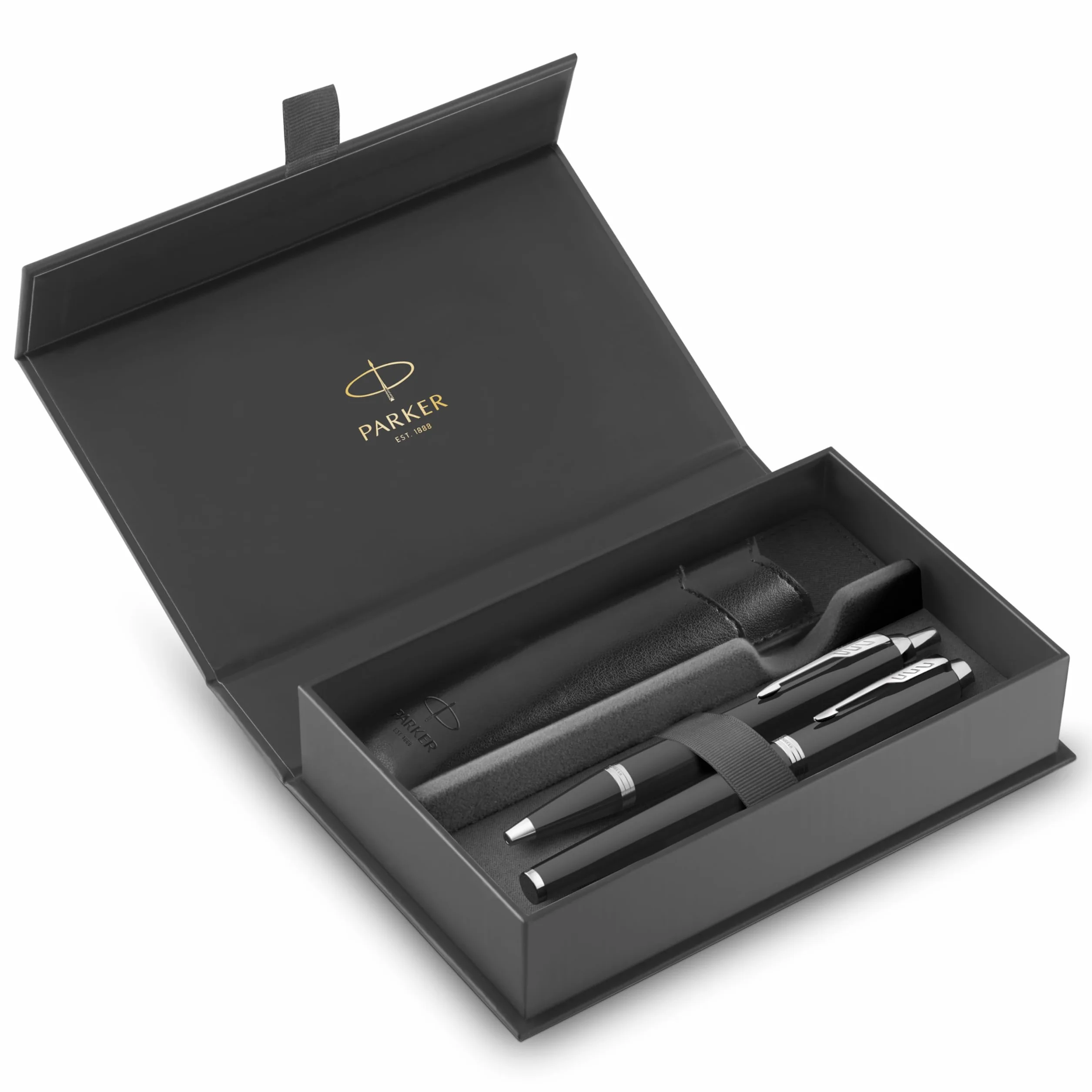 Parker IM Duo Pen Set Regalo - Piò stilografica e sfera, finitura laccata nera con finiture cromate, punta media, inchiostro blu