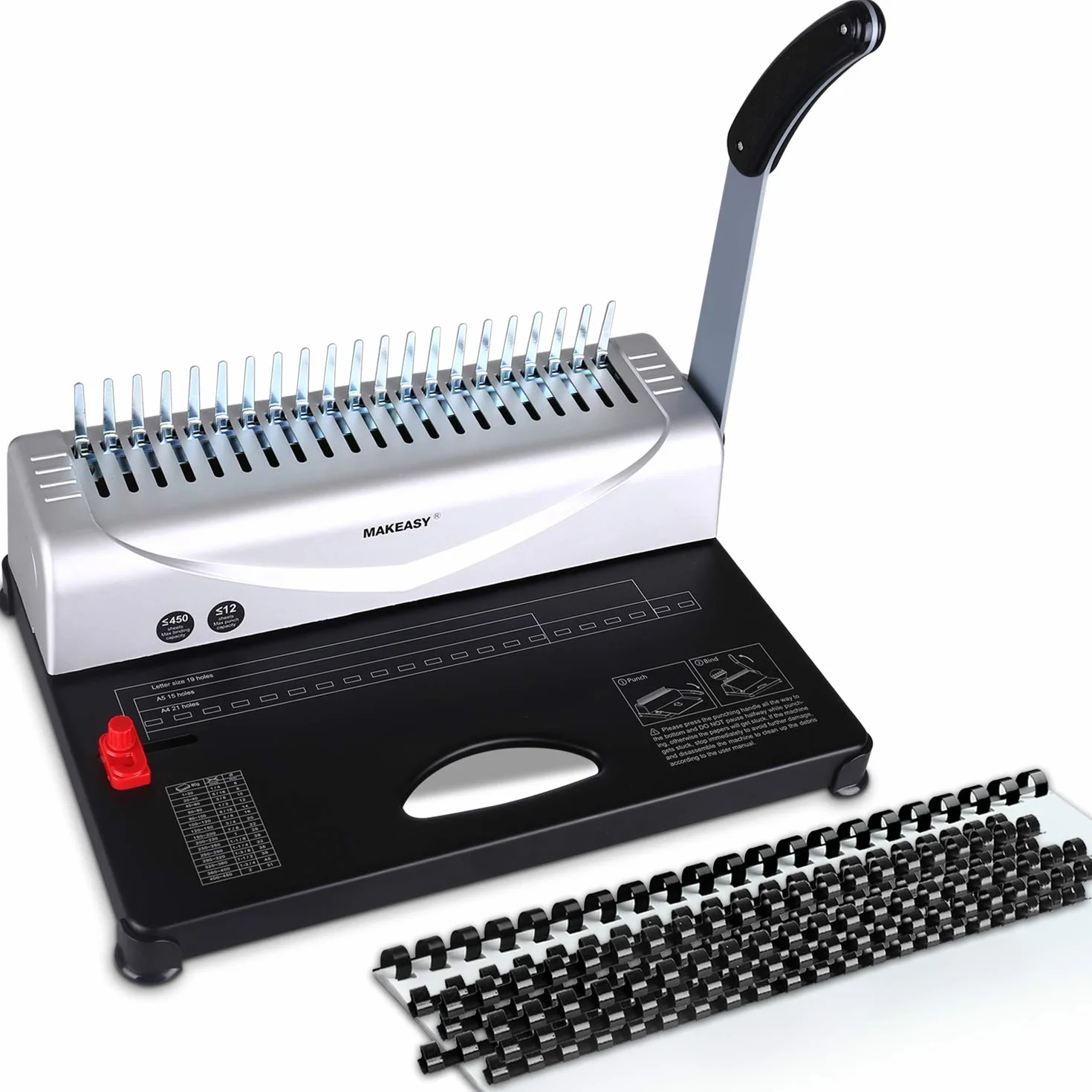 Makeasy Rilegatrice Metallica a 21 Fori, Rilegatrice Professionale Fino a 450 Fogli con 100 Pezzi 3/8" PVC Rilegatura a Pettine per Uso Domestico Ufficio Liberi Professionisti
