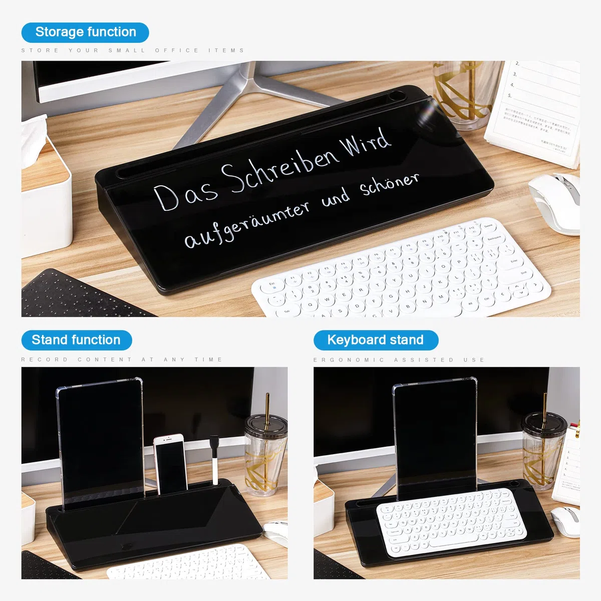 DEWUR Lavagna in Vetro Nero, Lavagna Bianca da Scrivania Con Supporto per Telefono, Tablet e Tastiera - Organizer da Scrivania Con Accessori per Ufficio e Casa