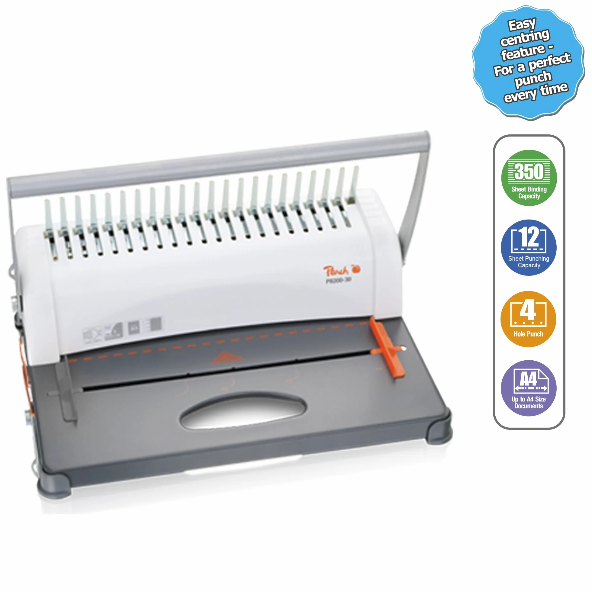 Peach, rilegatrice in plastica Star Binder Pro per DIN A4, PB200-30, prodotto vincitore per il rapporto qualità/prezzo*, rilega 350 fogli, massimo dorsi per rilegatura da 38 mm, capacità di perforazione di 12 fogli, con set iniziale da 15 pezzi