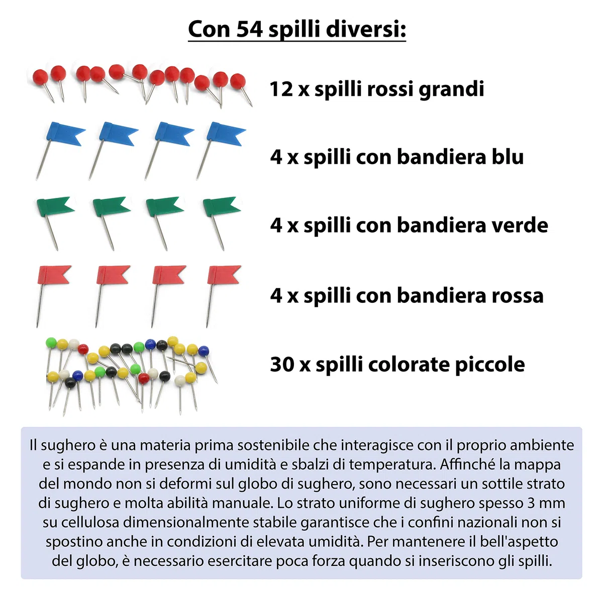 Grande mappamondo in sughero alto 33 cm con 54 spilli diversi - Mappamondo girevole in sughero - Mappamondo come idea regalo per giramondo