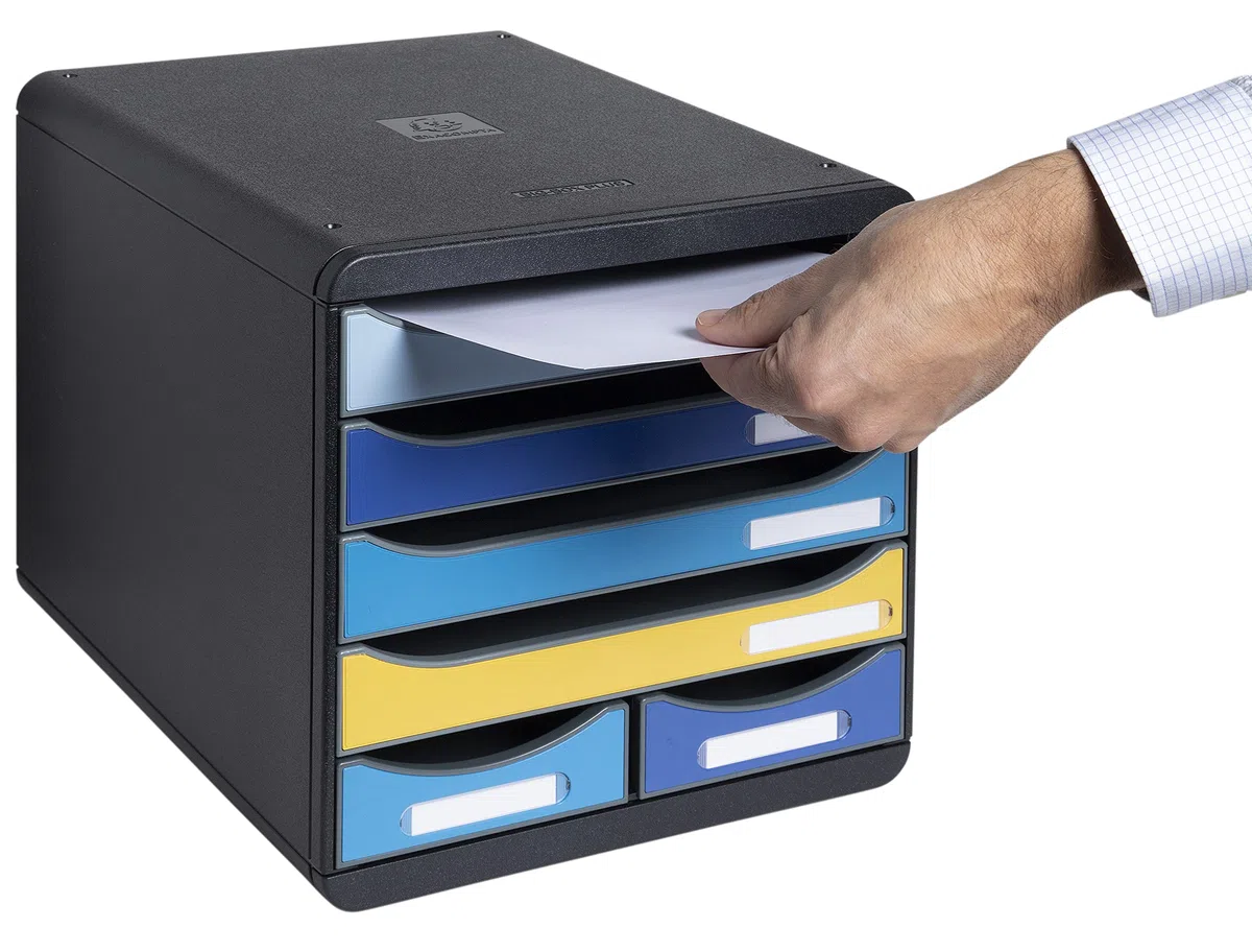 Exacompta - Rif. 3124202D - BIG-BOX MAXI - 1 Cassetto 4 cassetti per documento A4+ e 2 cassetti piccoli per utensili - Dimensioni esterne: P 34,7 x 27,8 x H 27,1 cm - BeeBlue