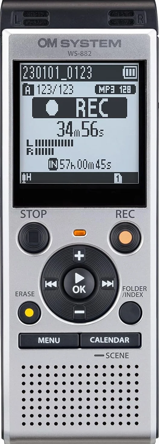 OM SYSTEM WS-882 Registratore vocale digitale di alta qualità con microfoni stereo, 6 scene di registrazione, USB diretta, filtro voce low-cut, memoria da 4 GB, bilanciamento vocale, VCVA