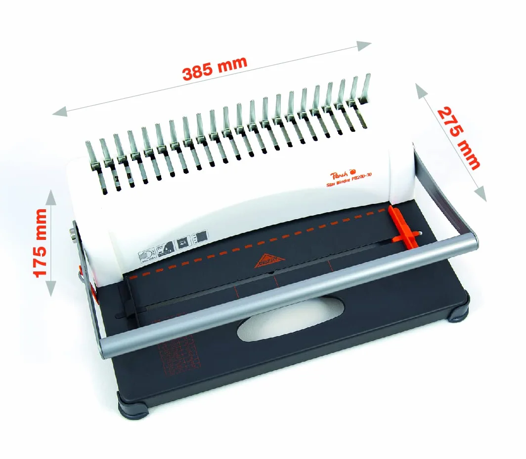 Peach, rilegatrice in plastica Star Binder Pro per DIN A4, PB200-30, prodotto vincitore per il rapporto qualità/prezzo*, rilega 350 fogli, massimo dorsi per rilegatura da 38 mm, capacità di perforazione di 12 fogli, con set iniziale da 15 pezzi
