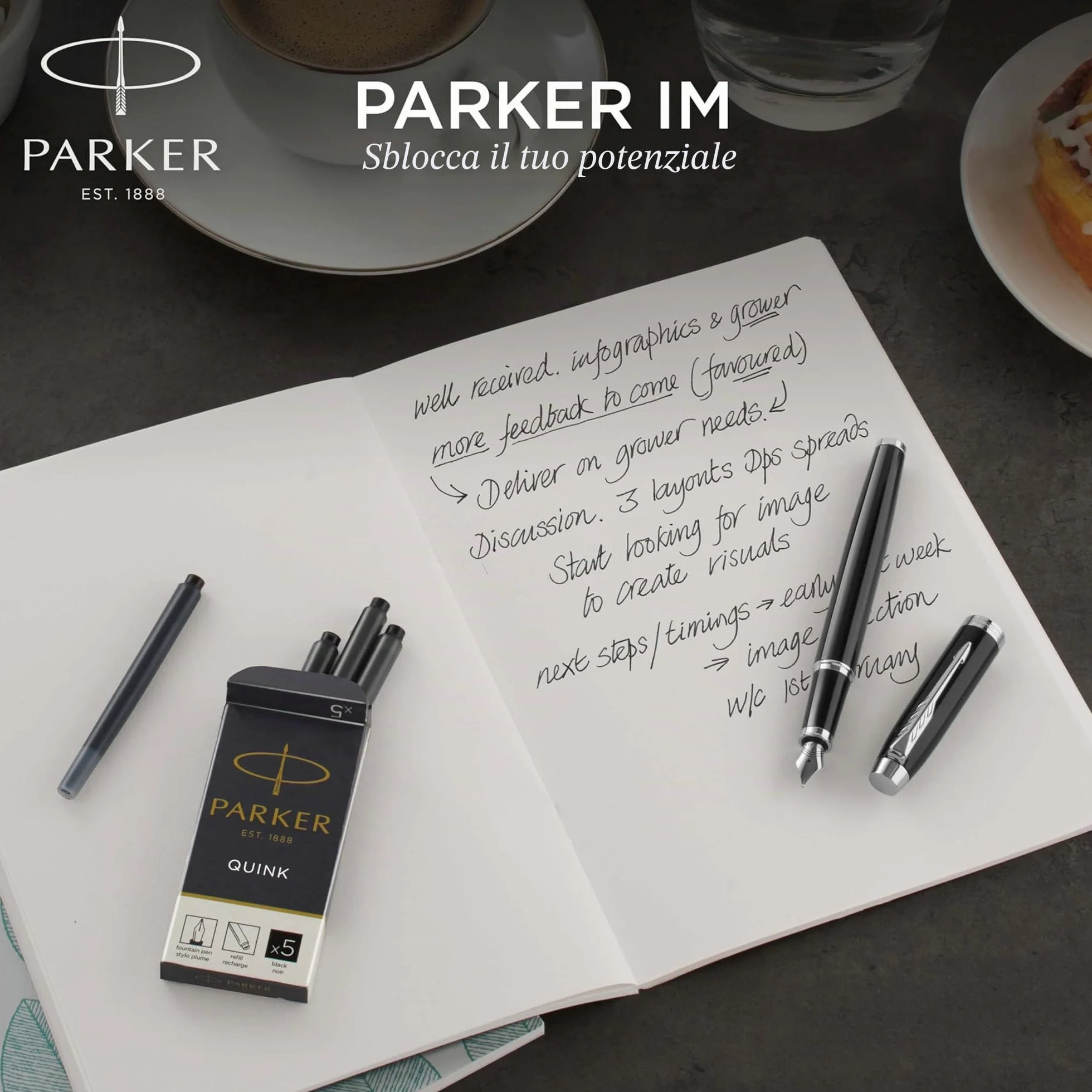 Parker IM Duo Pen Set Regalo - Piò stilografica e sfera, finitura laccata nera con finiture cromate, punta media, inchiostro blu