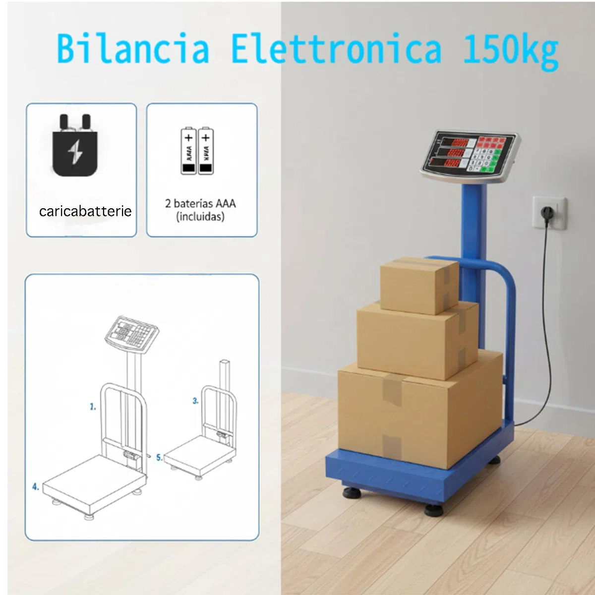 Voltix Bilancia Digitale Elettronica Professionale 150 Kg con Display LCD Retroilluminato, Bilancia Industriale Ricaricabile per Negozio, Casa, Azienda e Attività Ambulante - Alta Precisione e Facile