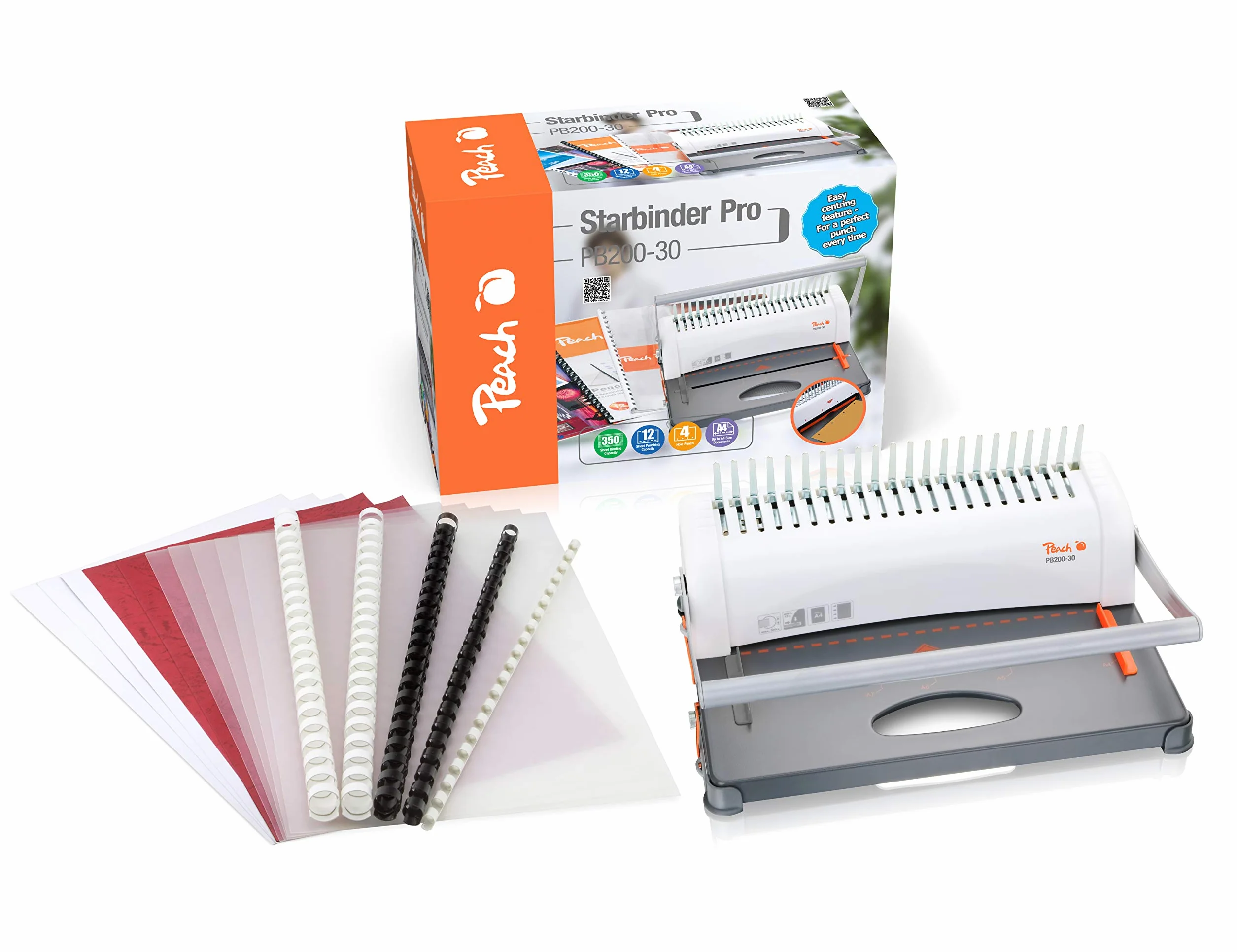 Peach, rilegatrice in plastica Star Binder Pro per DIN A4, PB200-30, prodotto vincitore per il rapporto qualità/prezzo*, rilega 350 fogli, massimo dorsi per rilegatura da 38 mm, capacità di perforazione di 12 fogli, con set iniziale da 15 pezzi