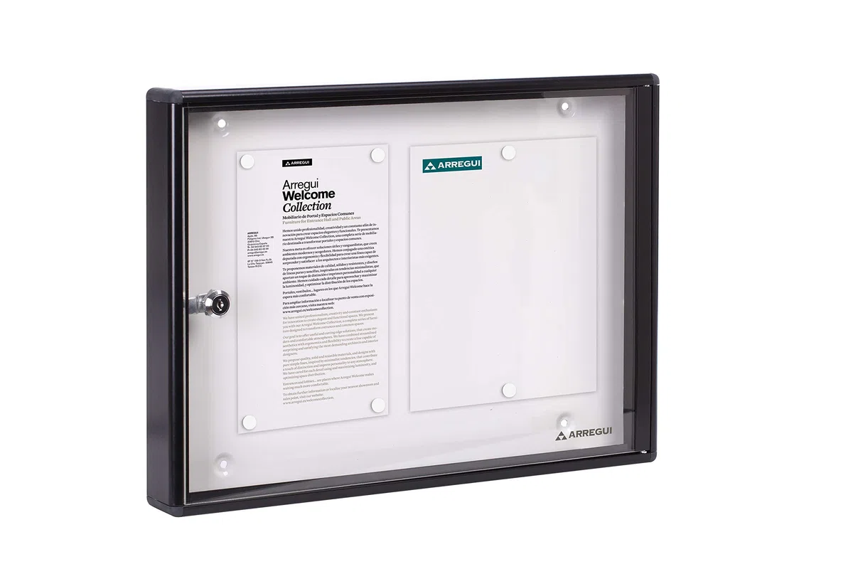 Arregui PAN44 Bacheca Magnetica con Anta Battente per Interni in Alluminio con Serratura e Chiave | 35 x 48 x 5 cm | Contiene 2 Fogli A4 | Nero