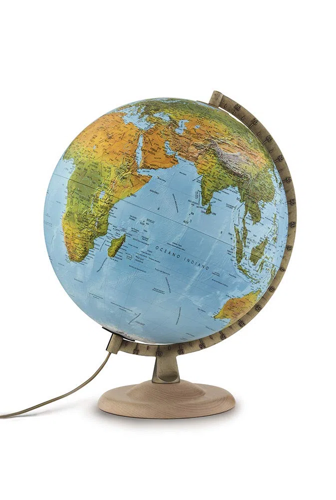 Tecnodidattica - Mappamondo Atmosphere R4, Luminoso, Girevole, Base in Legno di Faggio e meridiano graduato in Metallo, cartografia in Rilievo, Diametro 30 cm