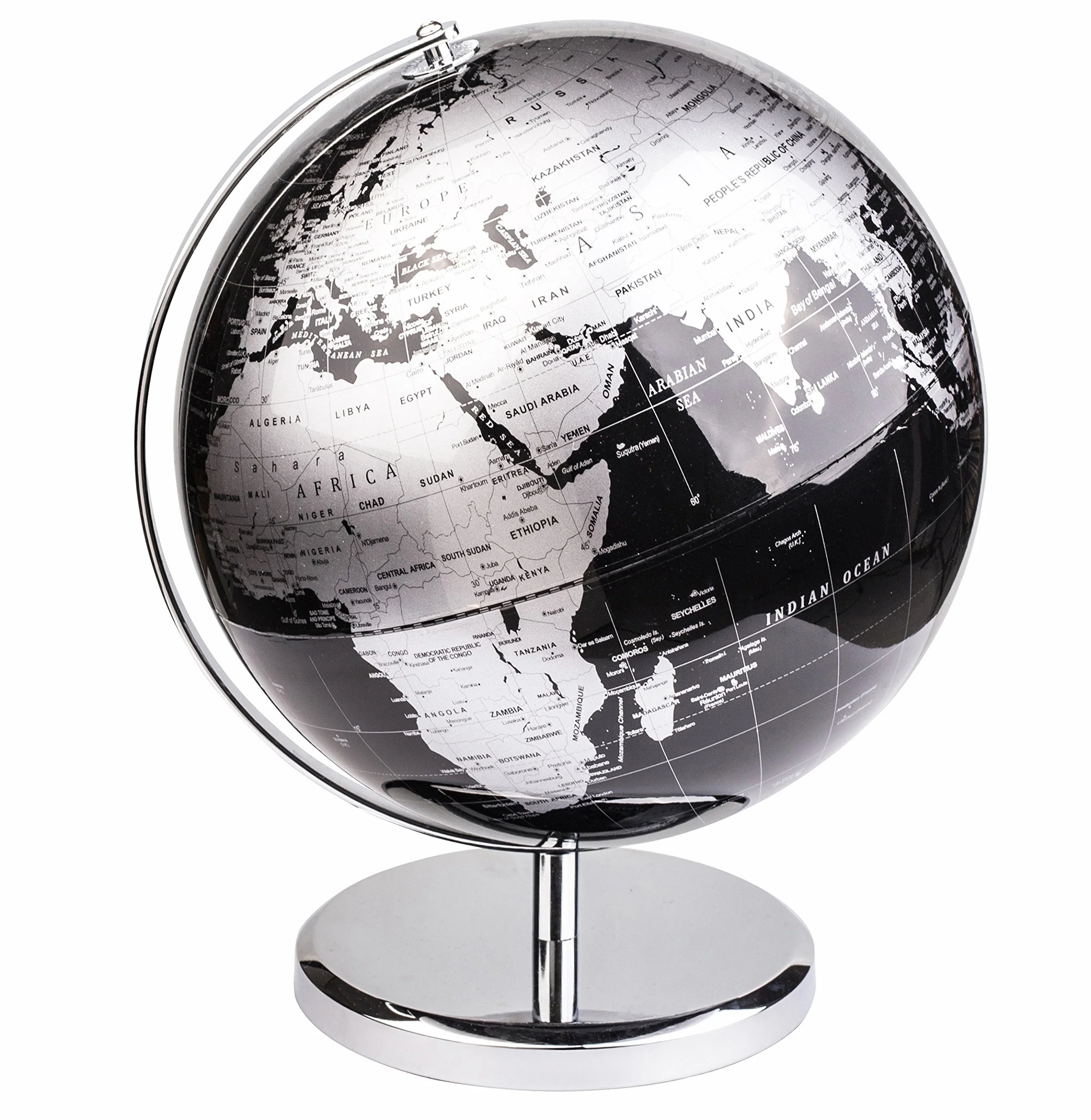 Exerz 30cm Mappamondo - Mappa Inglese - Con Base In Metallo Globo Della Scuola Decorazione/Educazione/Geografica/Moderna - Diametro 30cm Nero Metallizzato