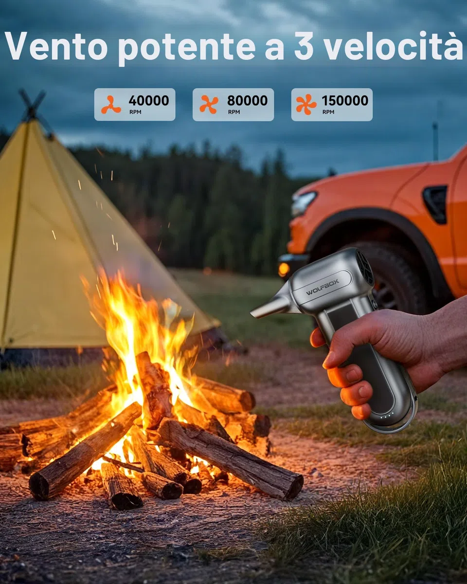 WOLFBOX MF100 Soffiatore d'Aria Elettrico - 150000 RPM, Senza Fili, Motore Brushless Ricaricabile, 3 Marce Regolabili per Computer, Tastiera, Casa e Auto