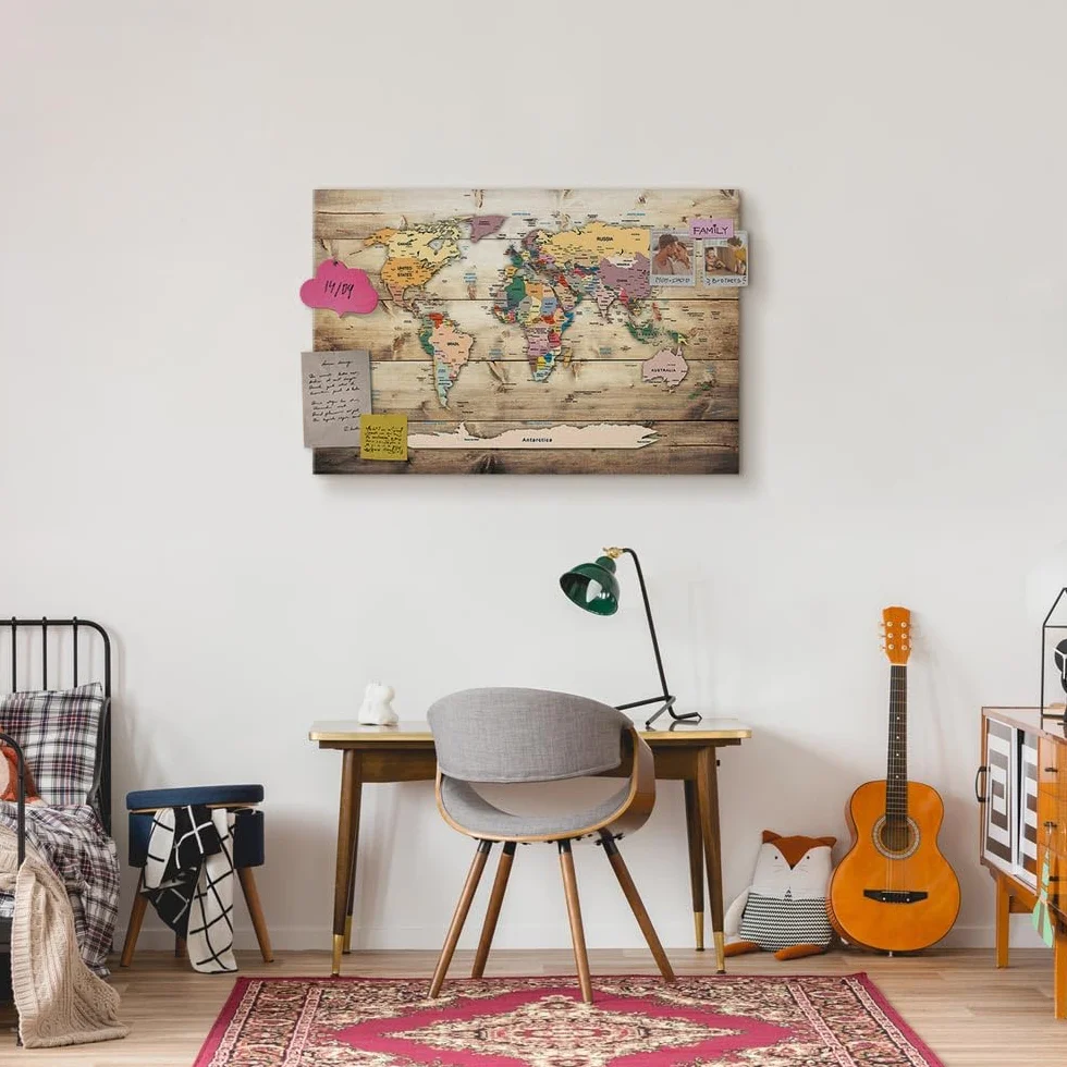 murando - Pannello di Fibra con Puntine - Mappamondo 120x80 cm 1 Pezzo - Bacheca & Quadro su tela in un uno - Decorativo per Parete - Lavagna Grande per le Note Ufficio - Planisfero k-C-0077-v-a