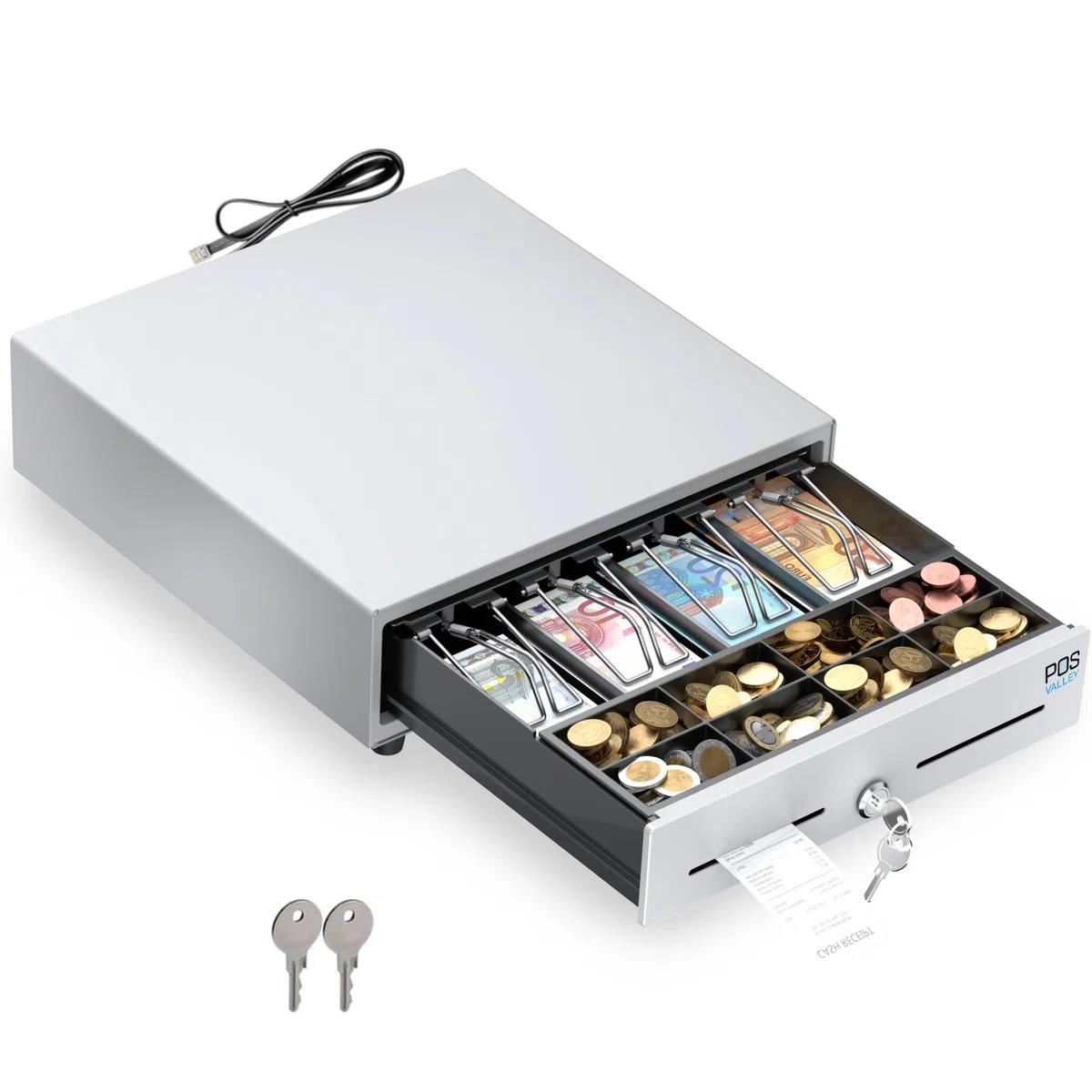 Cassetto per Registratore di Cassa Mini Piccolo, Apertura Automatica RJ11 e Chiave, Inserto Contanti 4 Banconote e 8 Monete (Euro), 33x33 cm