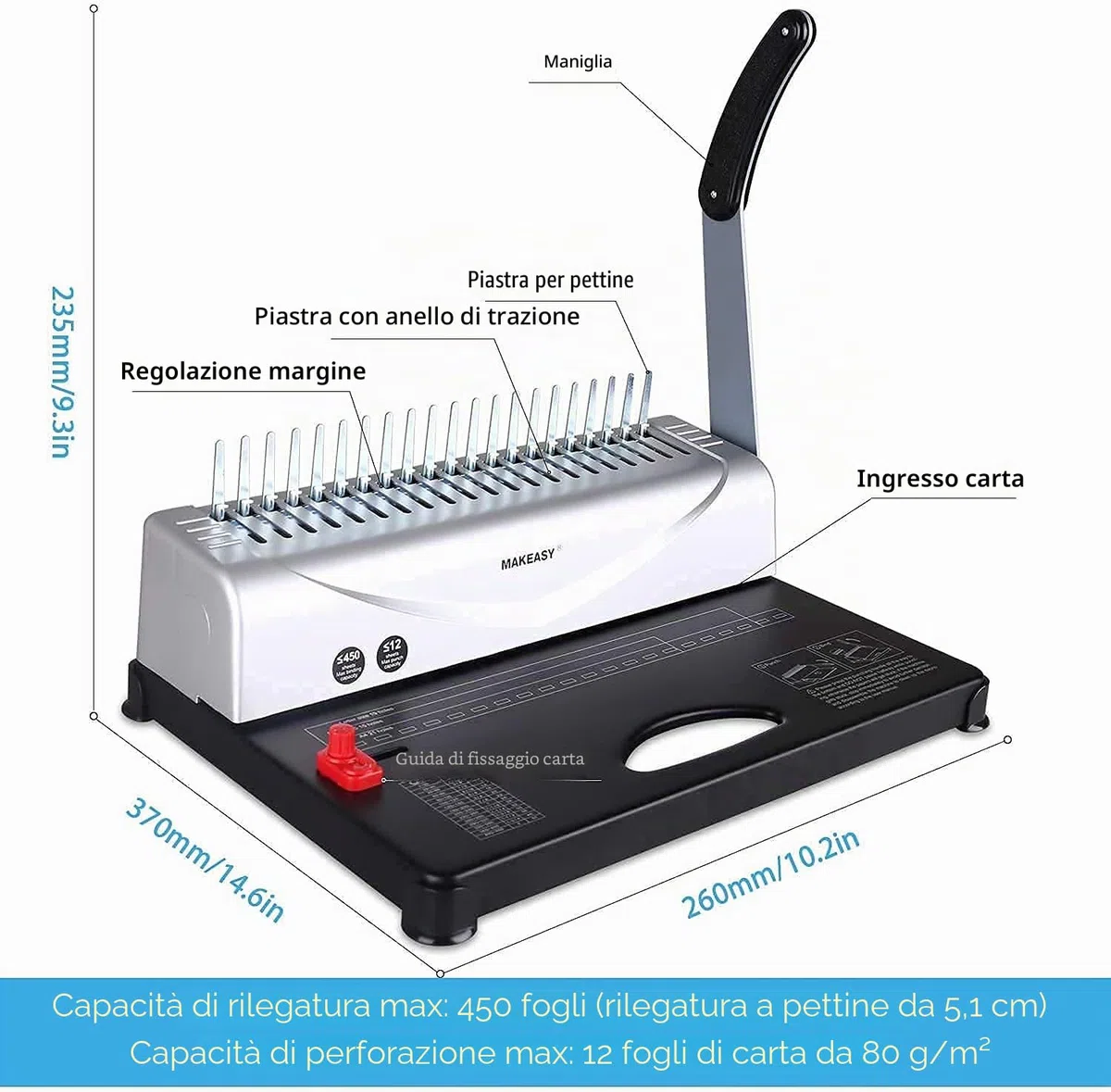 Makeasy Rilegatrice Metallica a 21 Fori, Rilegatrice Professionale Fino a 450 Fogli con 100 Pezzi 3/8" PVC Rilegatura a Pettine per Uso Domestico Ufficio Liberi Professionisti