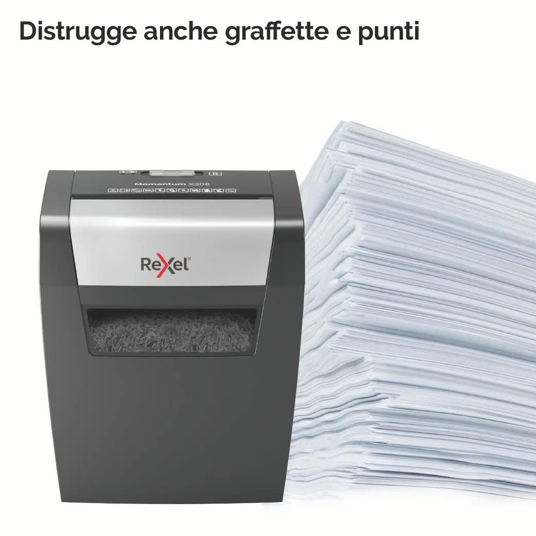 REXEL Momentum X308, Distruggidocumenti Manuale, 9-8 Fogli A4 (70-80 gr/mq), Taglio a Frammento, Livello di sicurezza P-3, per Uso Personale/Home Office, Capacità 15 Litri, 2104570EU