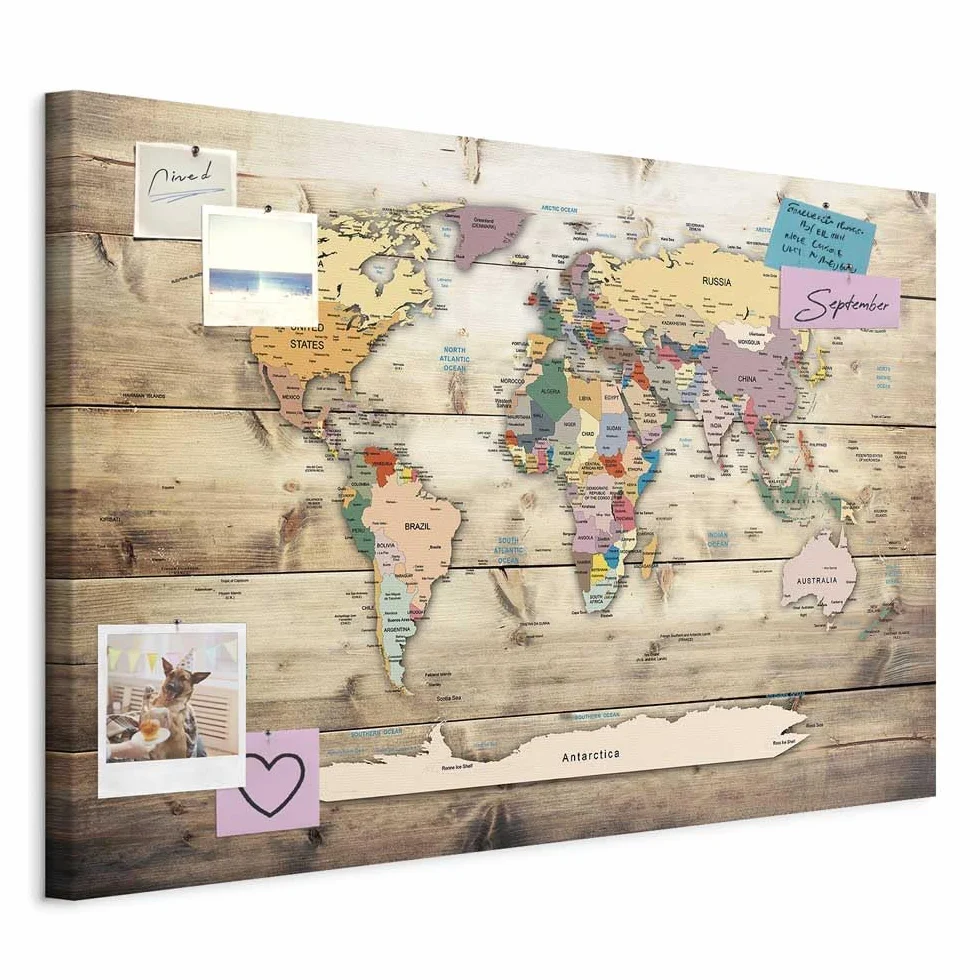 murando - Pannello di Fibra con Puntine - Mappamondo 120x80 cm 1 Pezzo - Bacheca & Quadro su tela in un uno - Decorativo per Parete - Lavagna Grande per le Note Ufficio - Planisfero k-C-0077-v-a