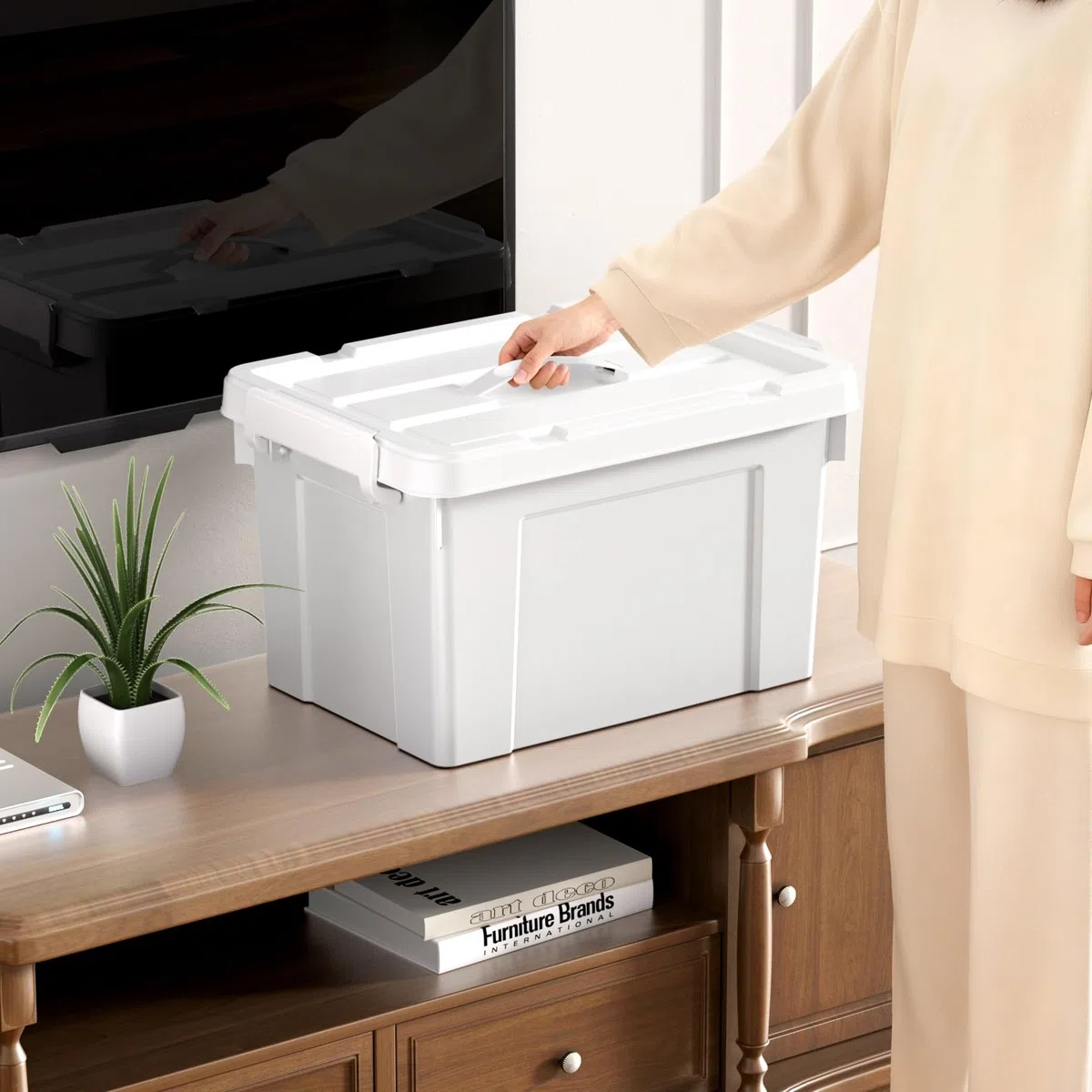 Cetomo 20L*6 Scatole di Stoccaggio in Plastica, Scatole Portaoggetti con Coperchio, Organizzatore con Manico, Contenitori per Casa e Ufficio, Impilabile, Resistente, Grigio, 20L - Confezione da 6