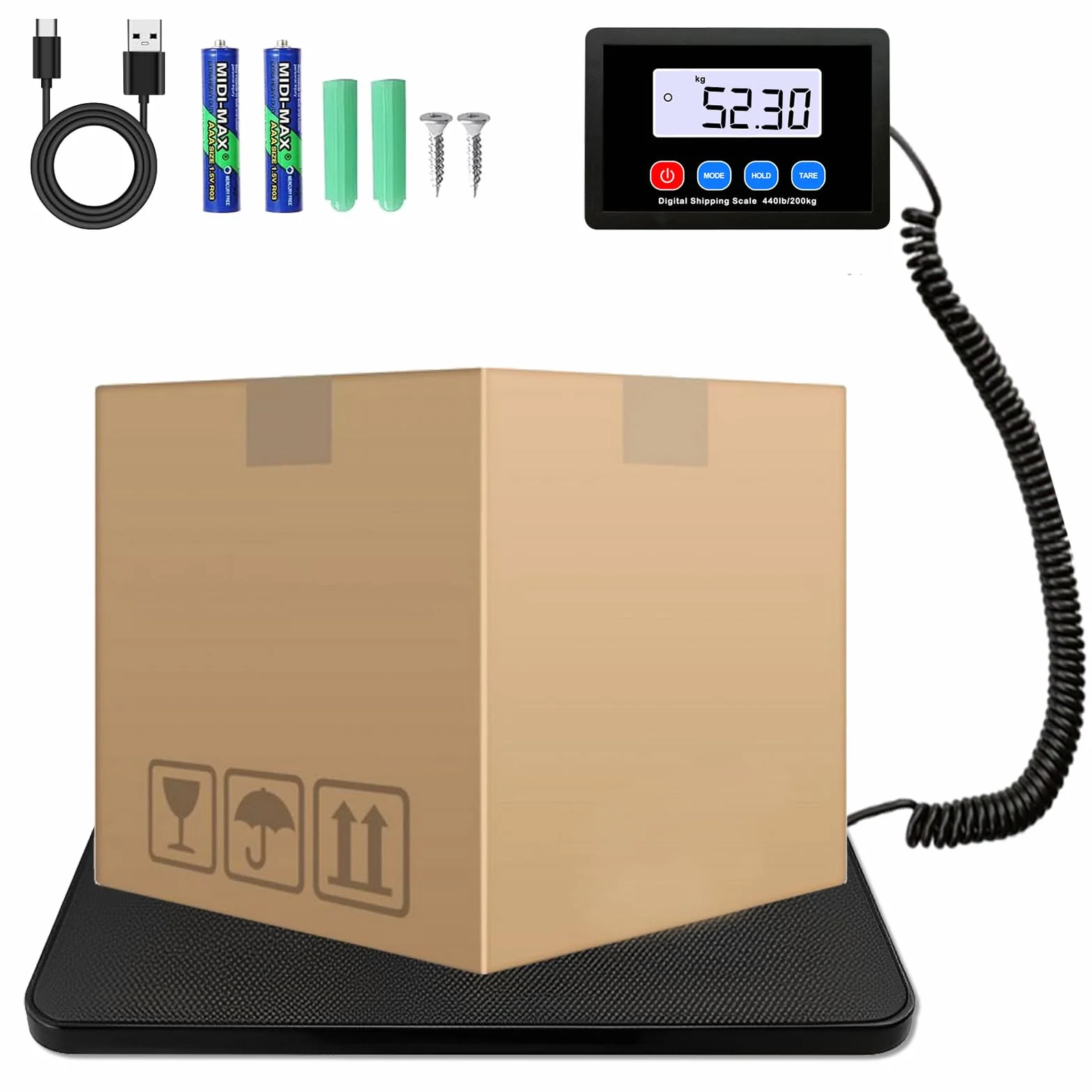 Bilancia Pesa Pacchi, 200kg Bilancia Postale, Bilancia Digitale con Hold e Funzione Tara per Negozio/Pacchi/Magazzino/Bagagli, alimentata a batterie e USB