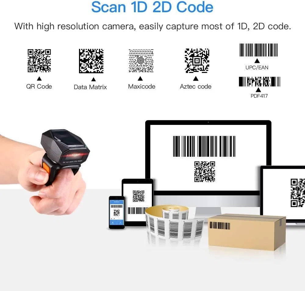 Eyoyo Wearable Finger Ring Barcode Scanner, 3 in 1 Mini USB Wired & 2.4G Wireless & Bluetooth Scanner, Image 1D QR Bar Code Reader PDF417 Data Matrix Screen Scan Compatibile con Smartphone PC