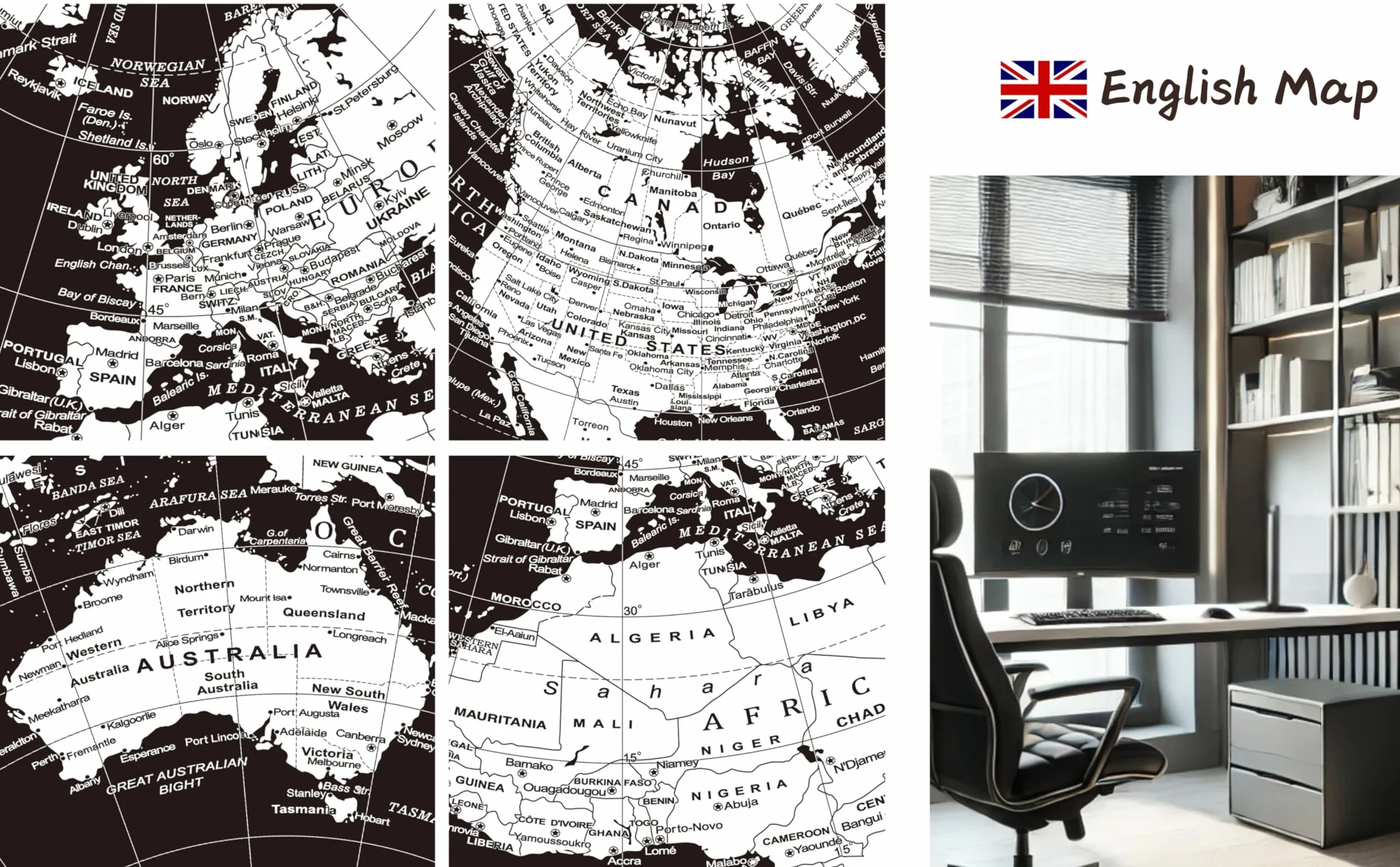 Exerz 30cm Mappamondo - Mappa Inglese - Con Base In Metallo Globo Della Scuola Decorazione/Educazione/Geografica/Moderna - Diametro 30cm Nero Metallizzato