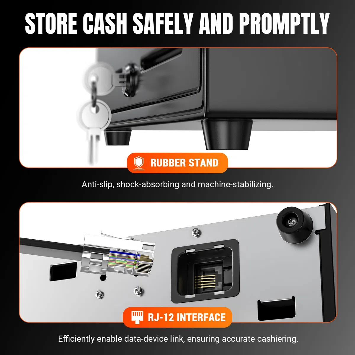 Tera 13" Cassetto Portadenaro 33,5 x 33 x 10,4 cm Apertura Automatica 4 Banconote 8 Monete Vassoio Portamonete Estraibile 6 Chiavi Interfaccia RJ12 12V Slot Media per POS Negozi 330G