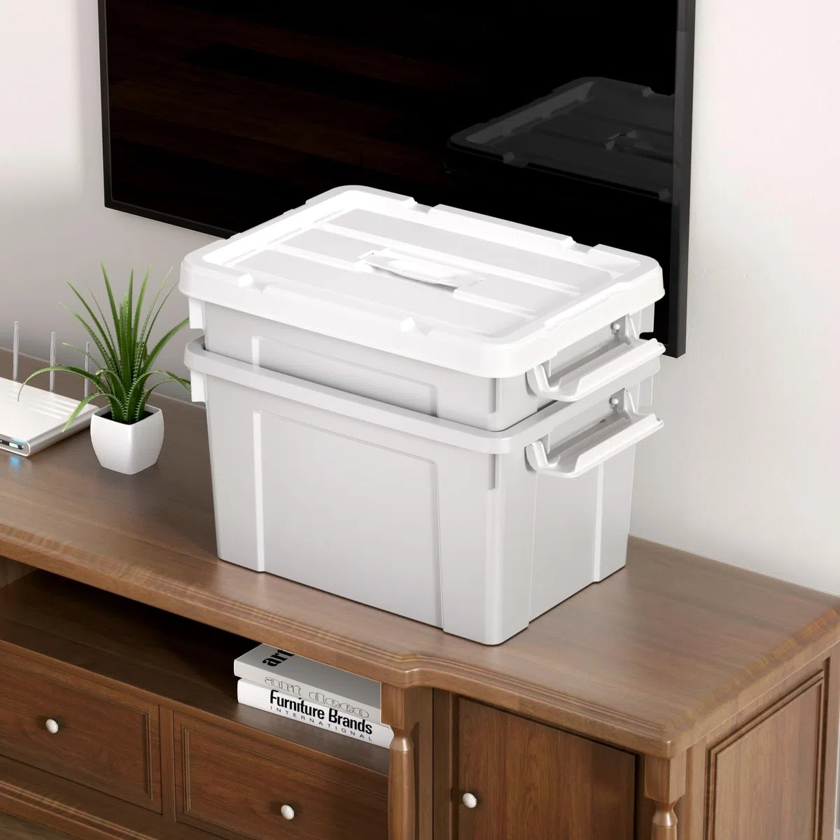 Cetomo 20L*6 Scatole di Stoccaggio in Plastica, Scatole Portaoggetti con Coperchio, Organizzatore con Manico, Contenitori per Casa e Ufficio, Impilabile, Resistente, Grigio, 20L - Confezione da 6