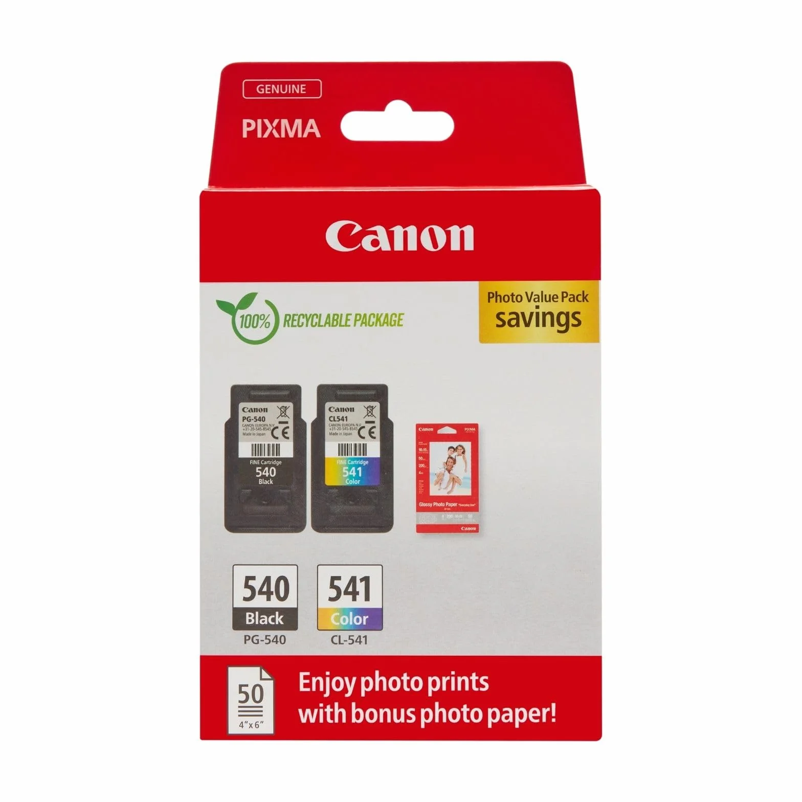 Canon PG-540 CL-541 Original Ink Cartridges 2-Pack Black Color Photo Paper 4x6 50 Sheets