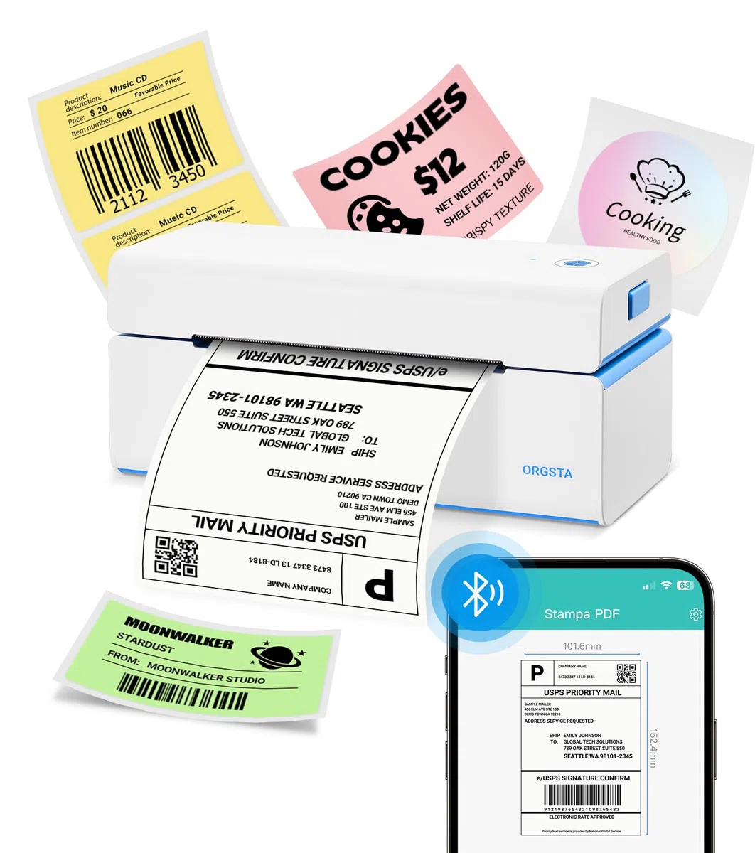 ORGSTA stampante etichette adesive termica etichettatrice spedizione bluetooth per cellulare e PC personalizzate mini stampa macchina