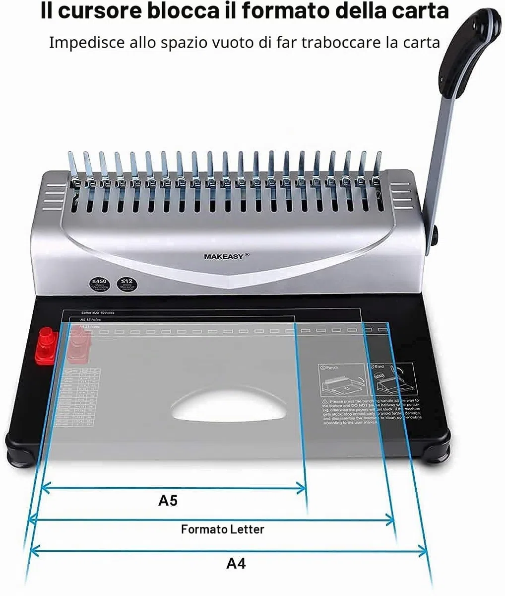 Makeasy Rilegatrice Metallica a 21 Fori, Rilegatrice Professionale Fino a 450 Fogli con 100 Pezzi 3/8" PVC Rilegatura a Pettine per Uso Domestico Ufficio Liberi Professionisti