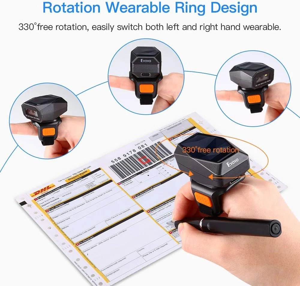 Eyoyo Wearable Finger Ring Barcode Scanner, 3 in 1 Mini USB Wired & 2.4G Wireless & Bluetooth Scanner, Image 1D QR Bar Code Reader PDF417 Data Matrix Screen Scan Compatibile con Smartphone PC