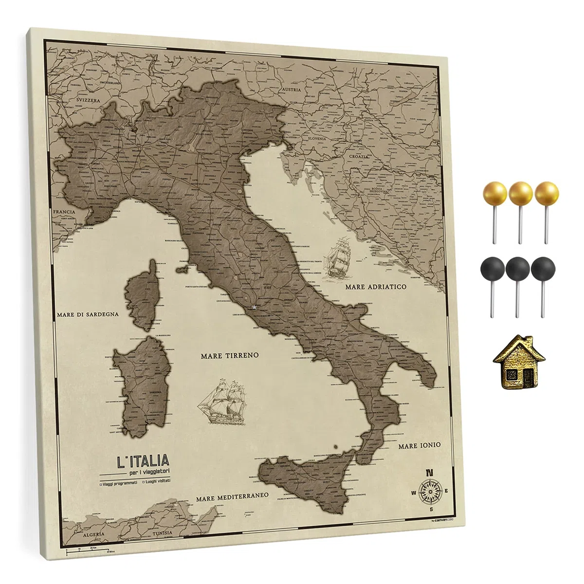 Mappa dell'Italia in tela con bacheca in sughero per appuntare le destinazioni di viaggio - Lavagne in tela di alta qualità con mappa dell'Italia in varie dimensioni (90x75cm, modello 3)