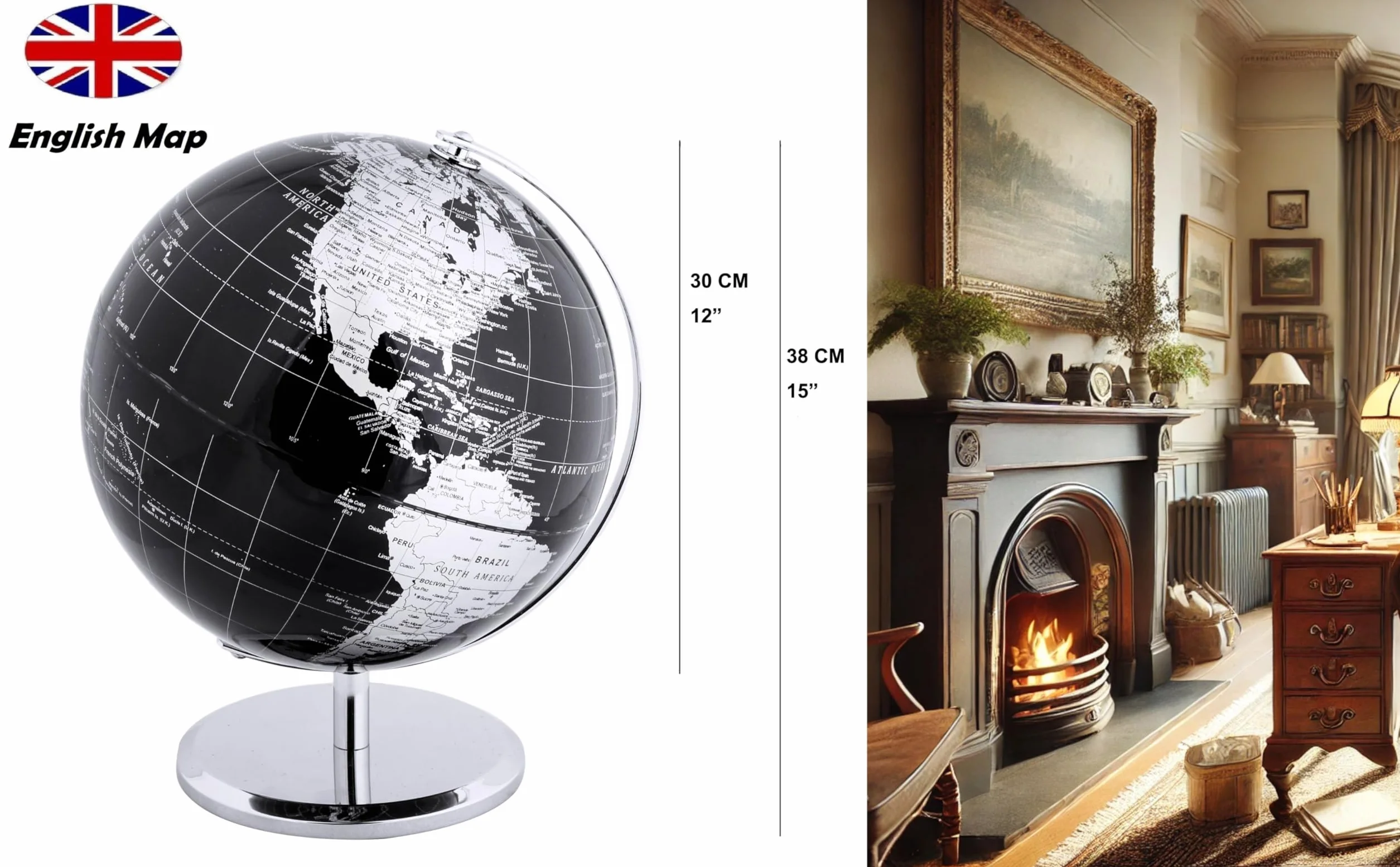 Exerz 30cm Mappamondo - Mappa Inglese - Con Base In Metallo Globo Della Scuola Decorazione/Educazione/Geografica/Moderna - Diametro 30cm Nero Metallizzato