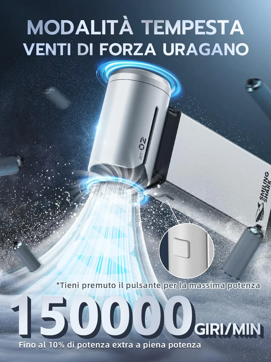 Smiling Shark Elettrico Rimuovi Polvere Aria Compressa, J02 Alluminio 150000 Giri/Min Soffiatore d'Aria Elettrico - Senza Fili con Modalità Storm & Batteria 8000mAh per PC/Auto/Casa/Camping, Argento
